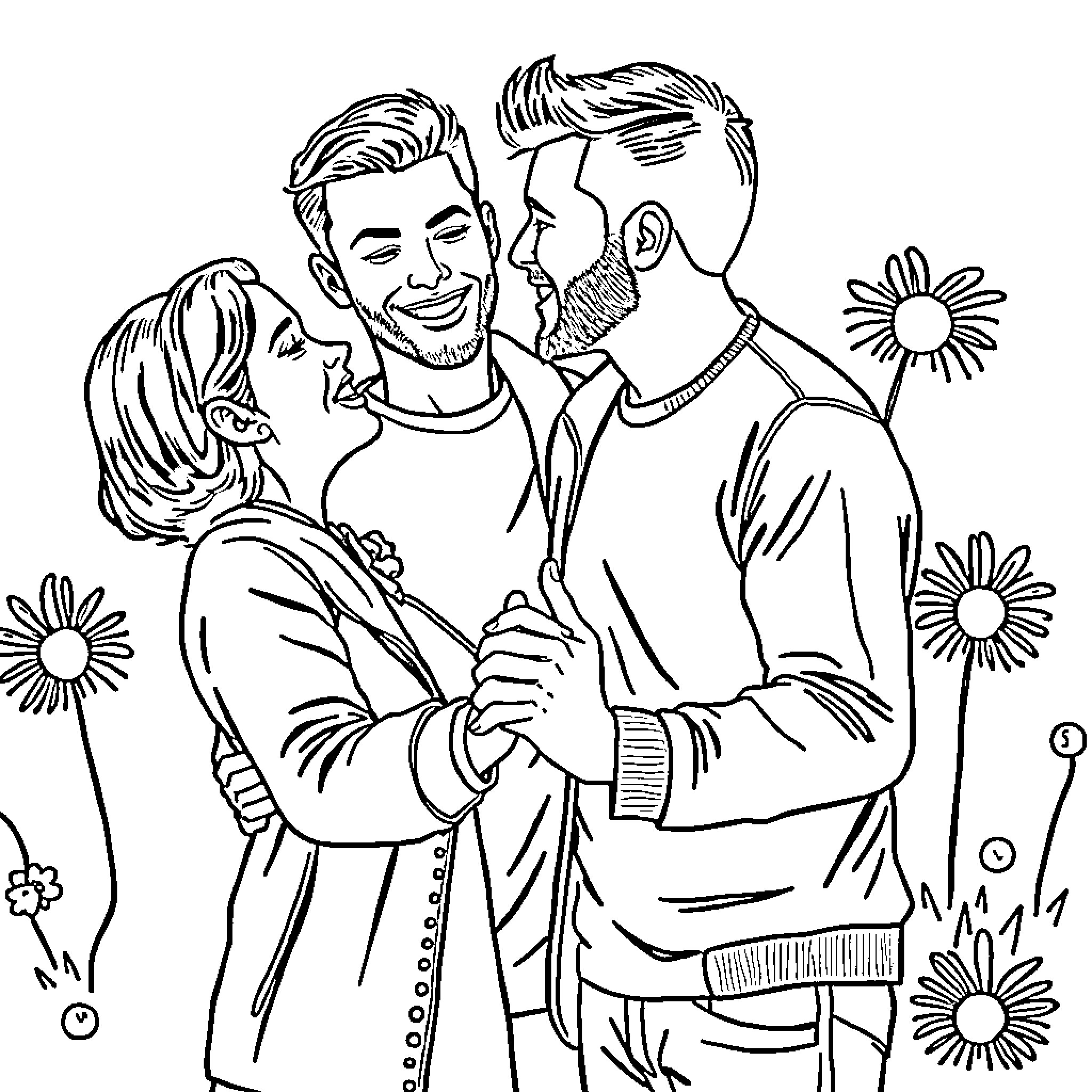 Gay couple embracing lovingly in a flower field Coloring Page (free black-and-white line drawing printable PDF for all, from beginners to advanced learners, including children, teens, adults, and seniors)
