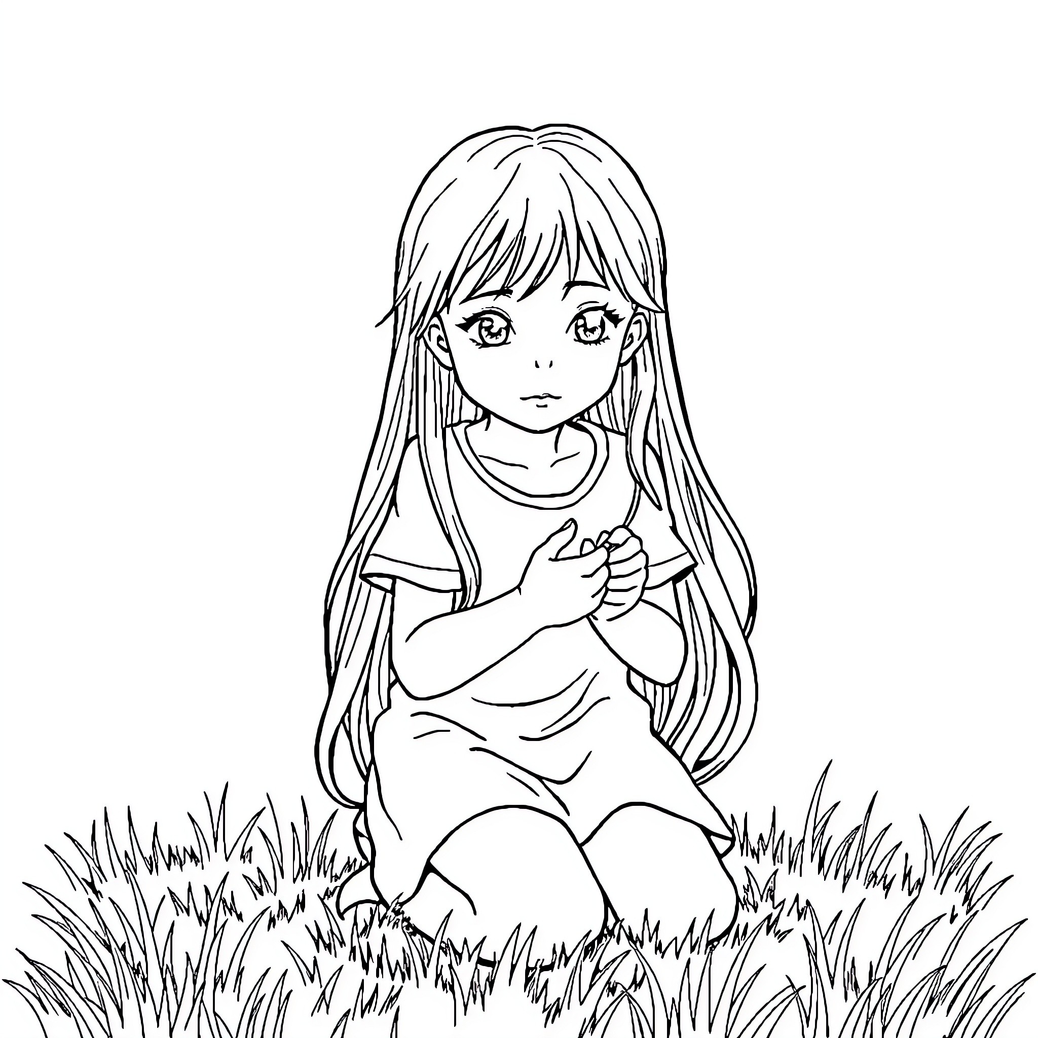 Girl sitting pensively in a grassy field Coloring Page (free black-and-white line drawing printable PDF for all, from beginners to advanced learners, including children, teens, adults, and seniors)