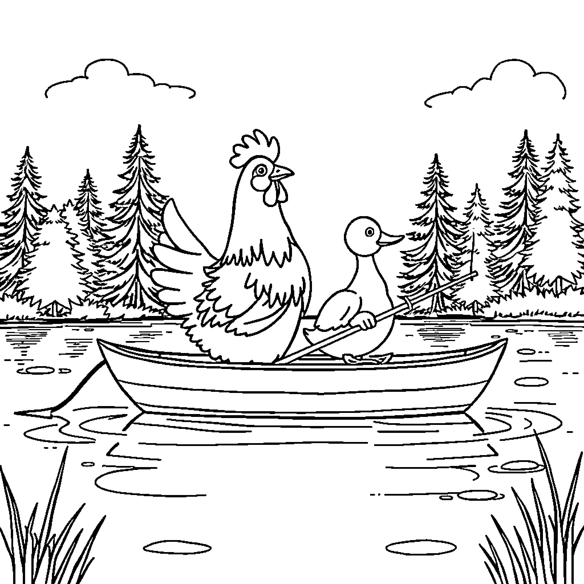 Chicken and Duck Boating in Serene Lake Coloring Page (free black-and-white line drawing printable PDF for all, from beginners to advanced learners, including children, teens, adults, and seniors)