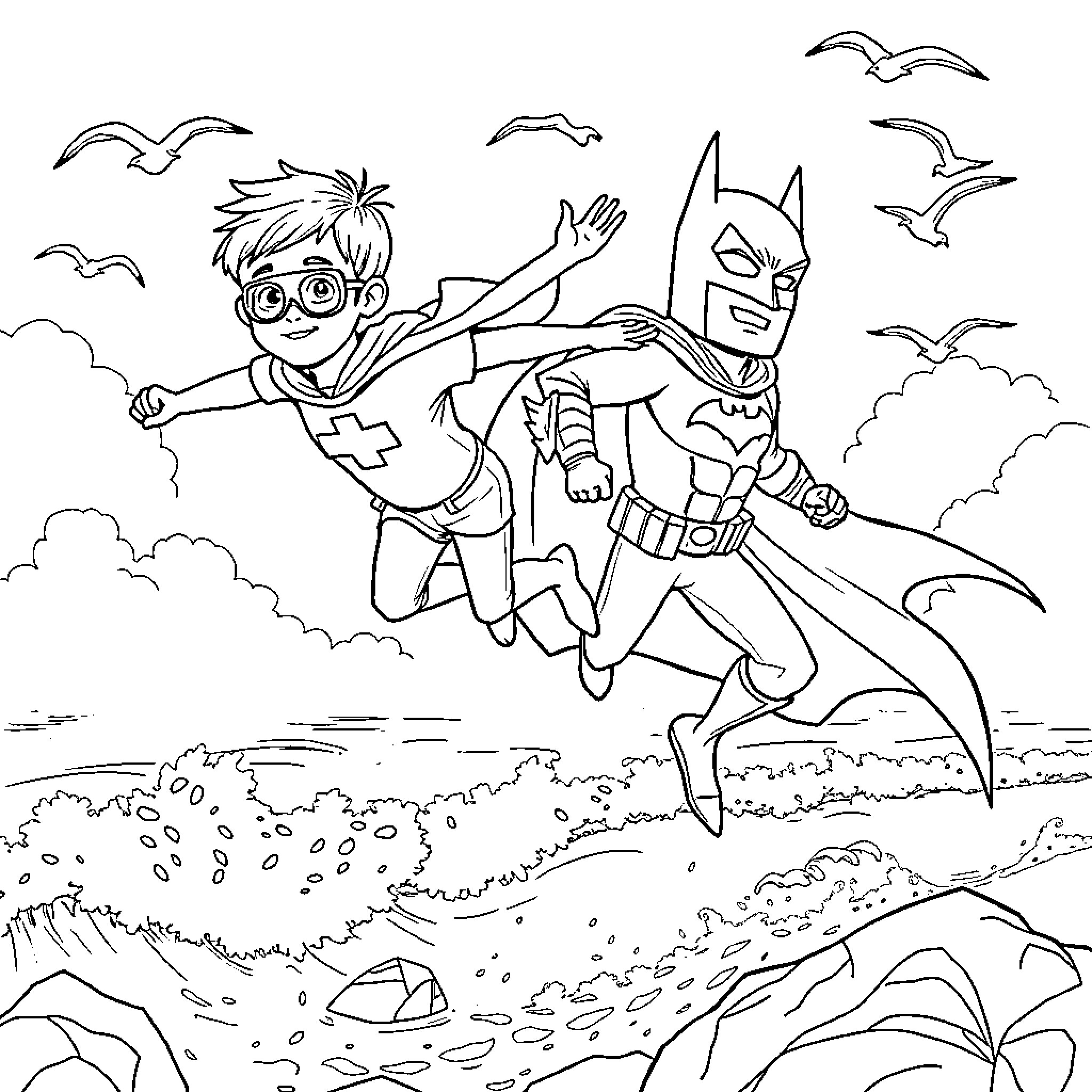 Superhero Boy and Batman Soaring Above the City Coloring Page (free black-and-white line drawing printable PDF for all, from beginners to advanced learners, including children, teens, adults, and seniors)