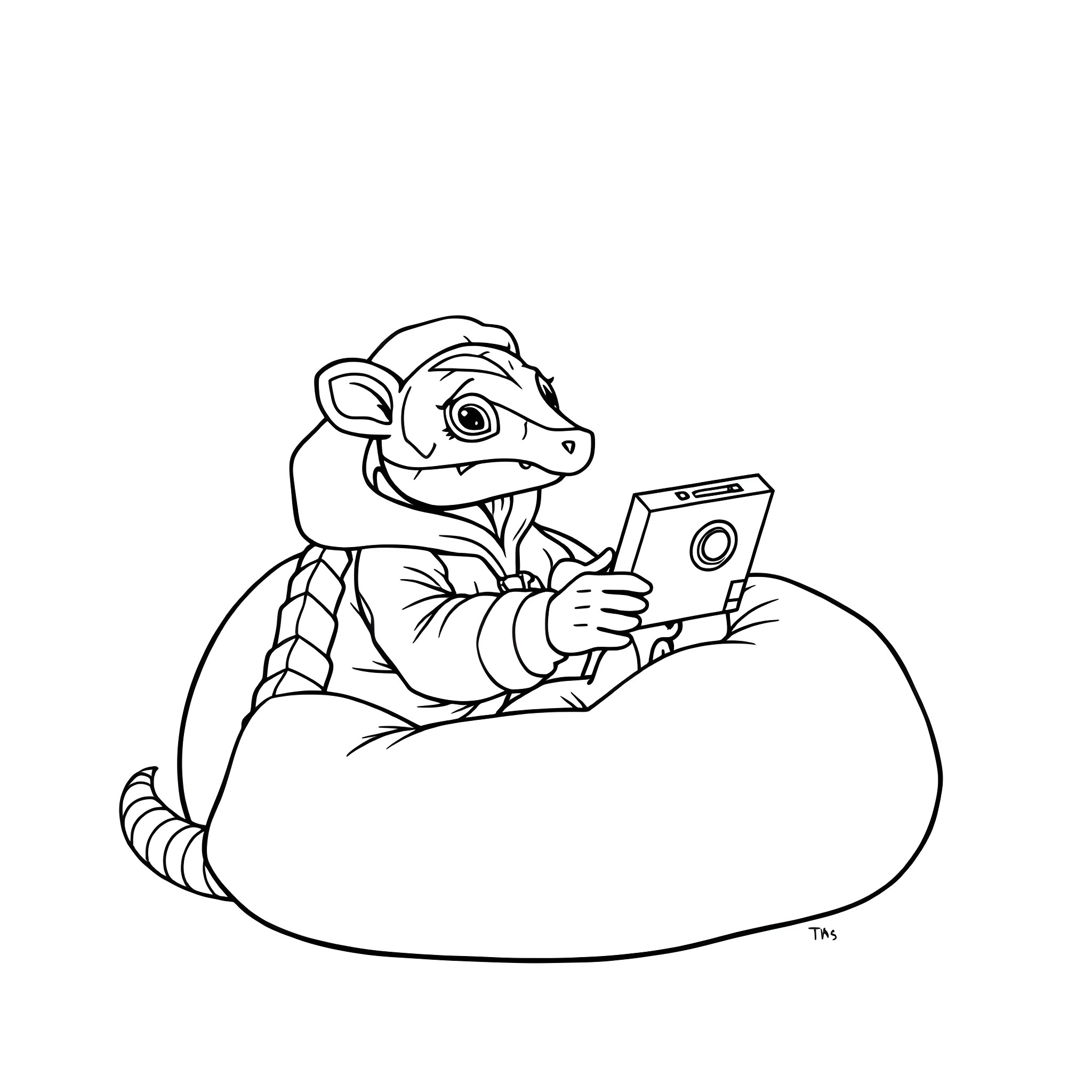 Pangolin enjoying technology on comfortable chair Coloring Page (free black-and-white line drawing printable PDF for all, from beginners to advanced learners, including children, teens, adults, and seniors)