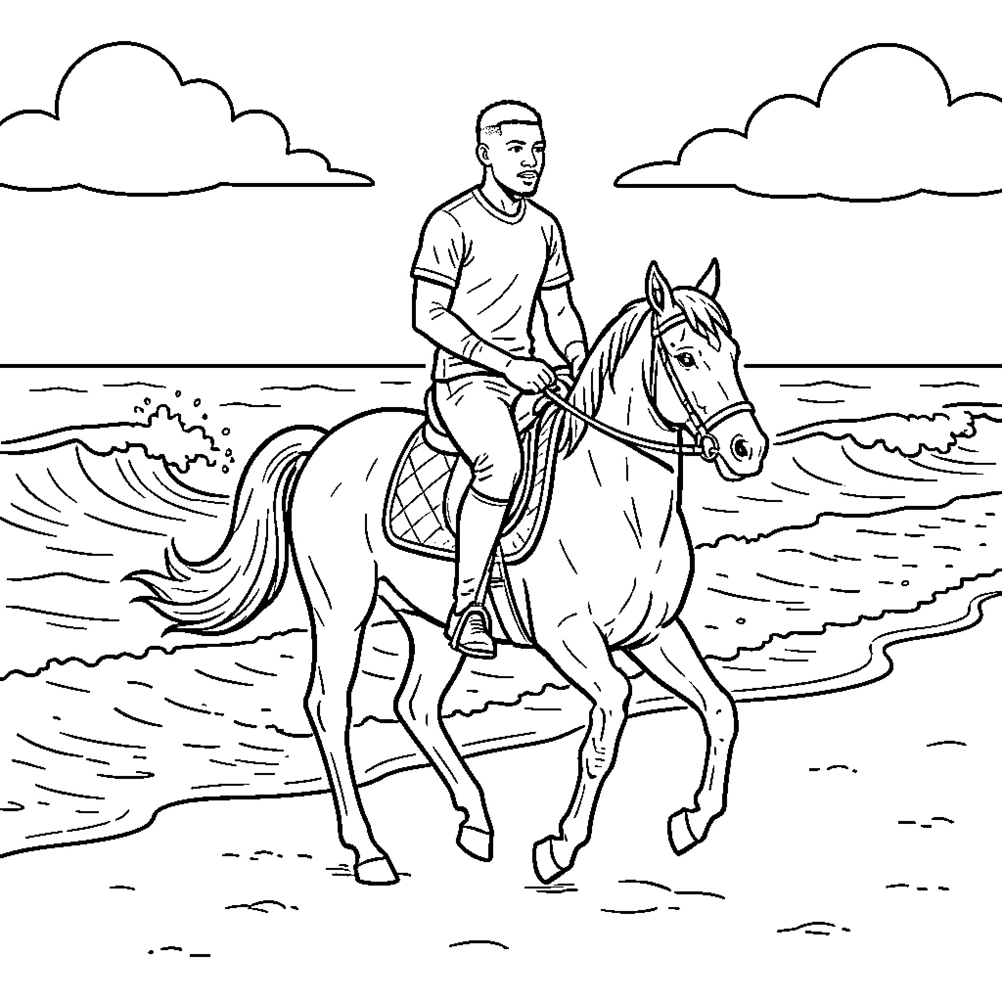 Mbappe riding a horse along the beach Coloring Page (free black-and-white line drawing printable PDF for all, from beginners to advanced learners, including children, teens, adults, and seniors)