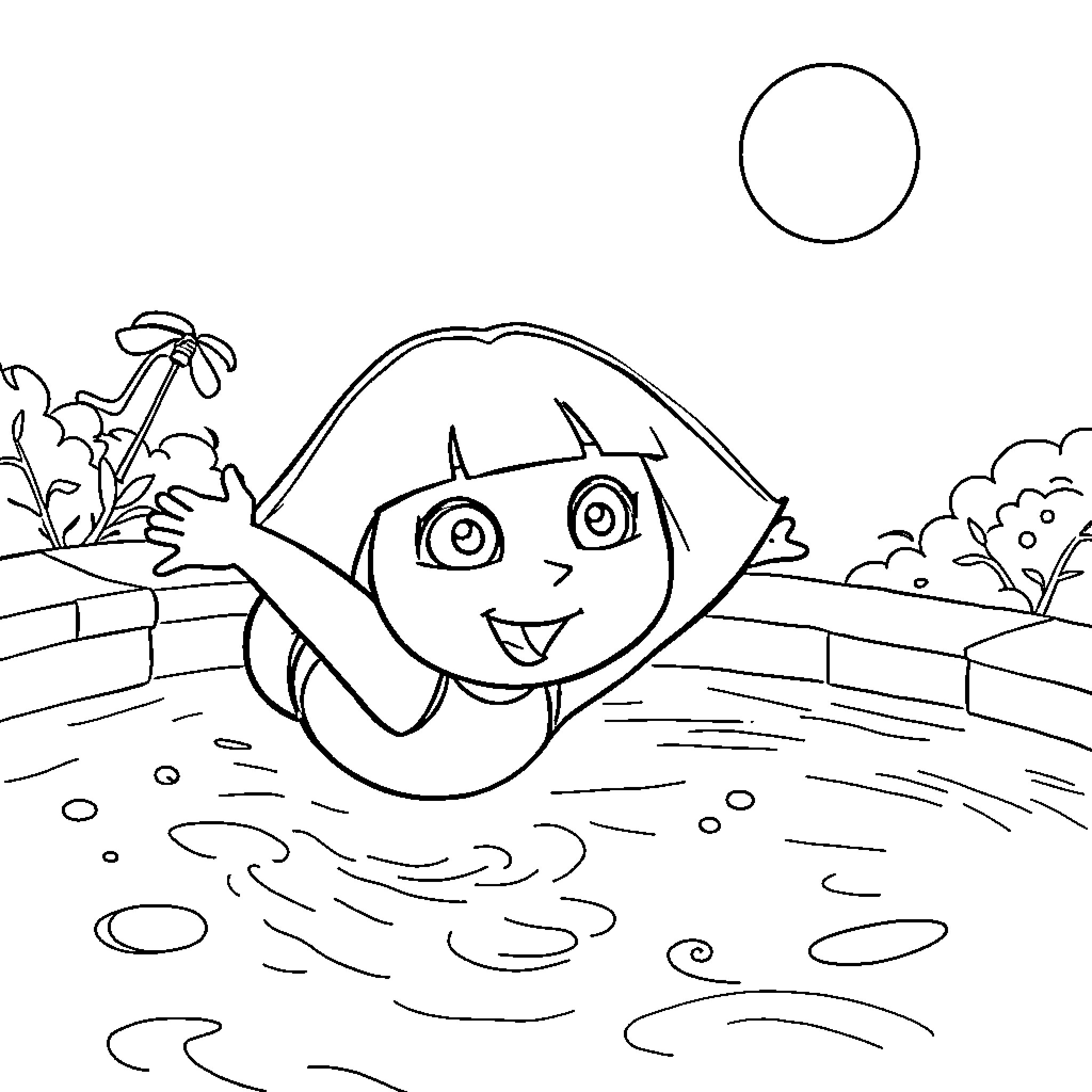 Dora playing happily in the water Coloring Page (free black-and-white line drawing printable PDF for all, from beginners to advanced learners, including children, teens, adults, and seniors)