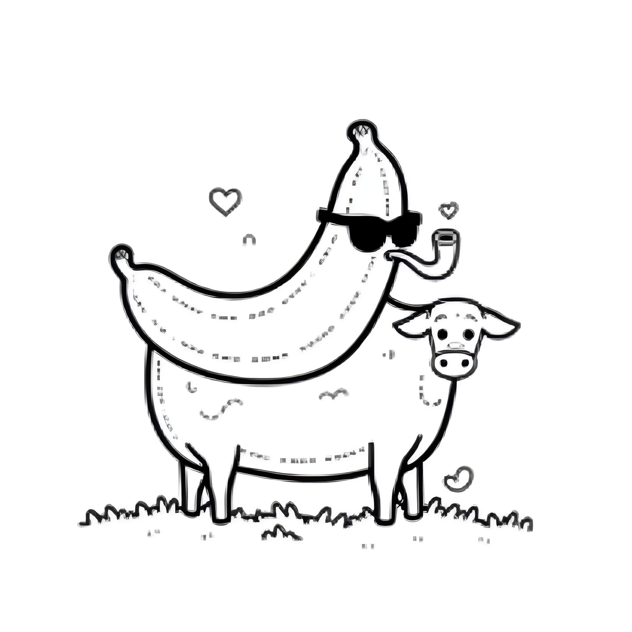 Banana cow with sunglasses in the field Coloring Page (free black-and-white line drawing printable PDF for all, from beginners to advanced learners, including children, teens, adults, and seniors)