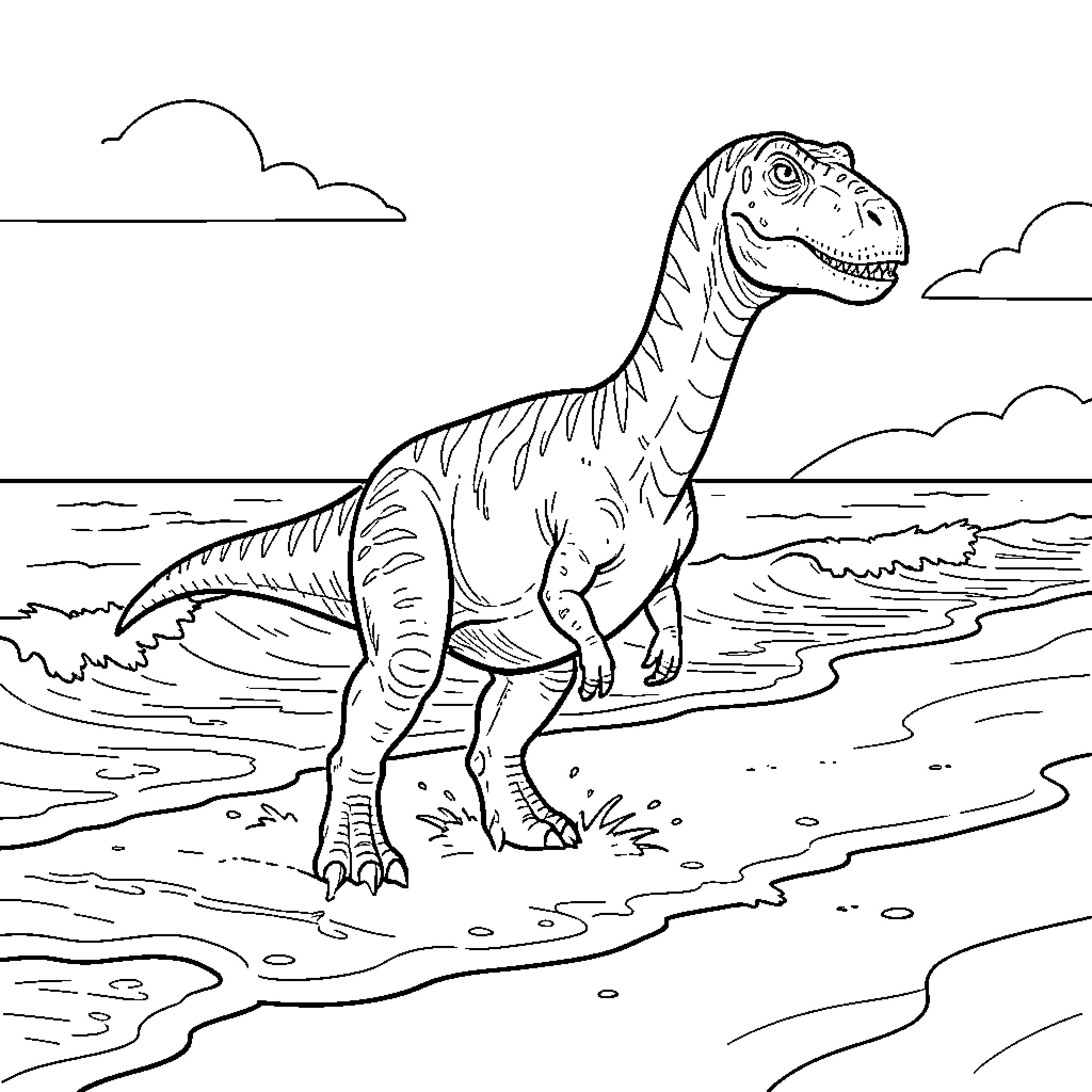 Dinosaur walking along the edge of the ocean Coloring Page (free black-and-white line drawing printable PDF for all, from beginners to advanced learners, including children, teens, adults, and seniors)