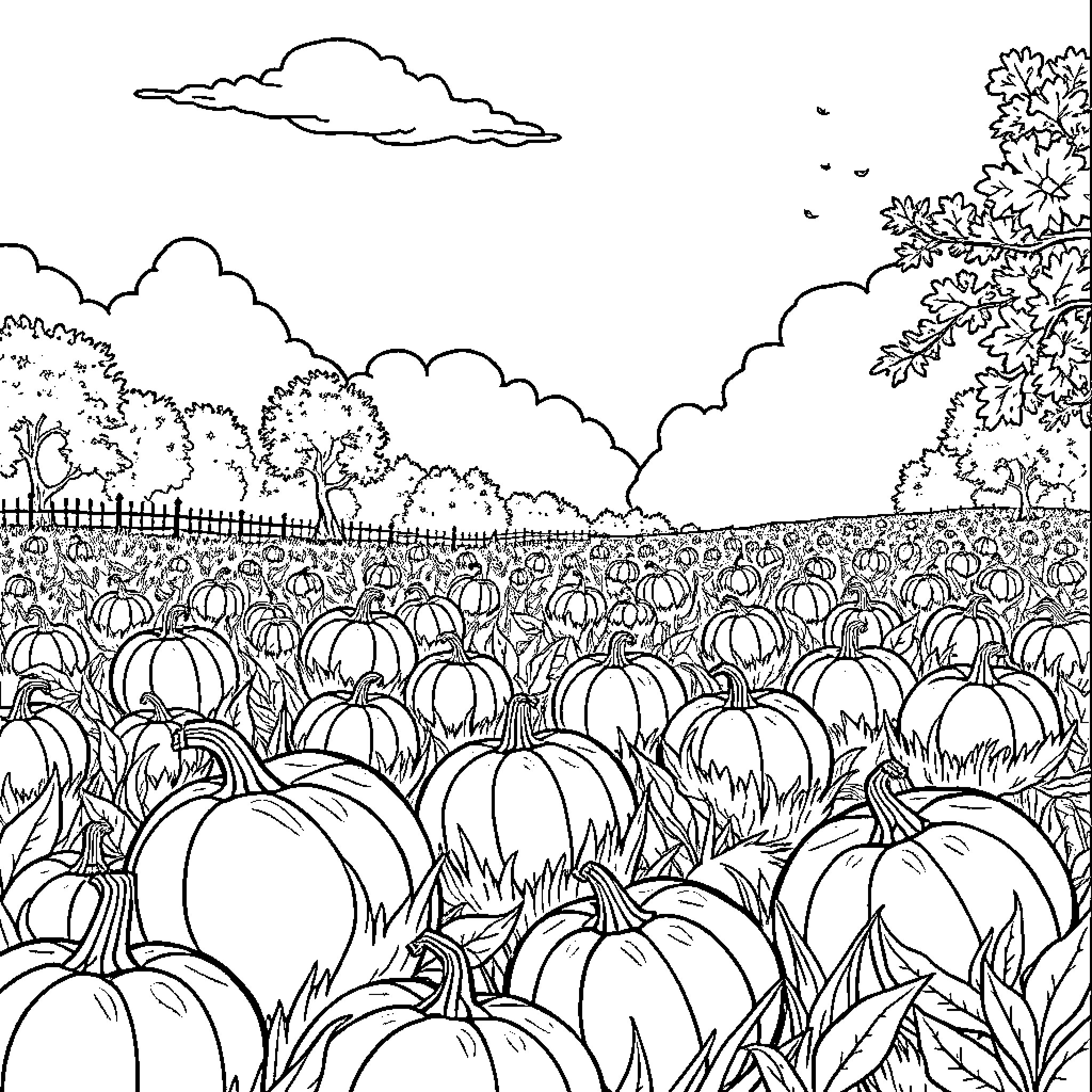 Pumpkin Patch in Autumn Scenery Coloring Page (free black-and-white line drawing printable PDF for all, from beginners to advanced learners, including children, teens, adults, and seniors)