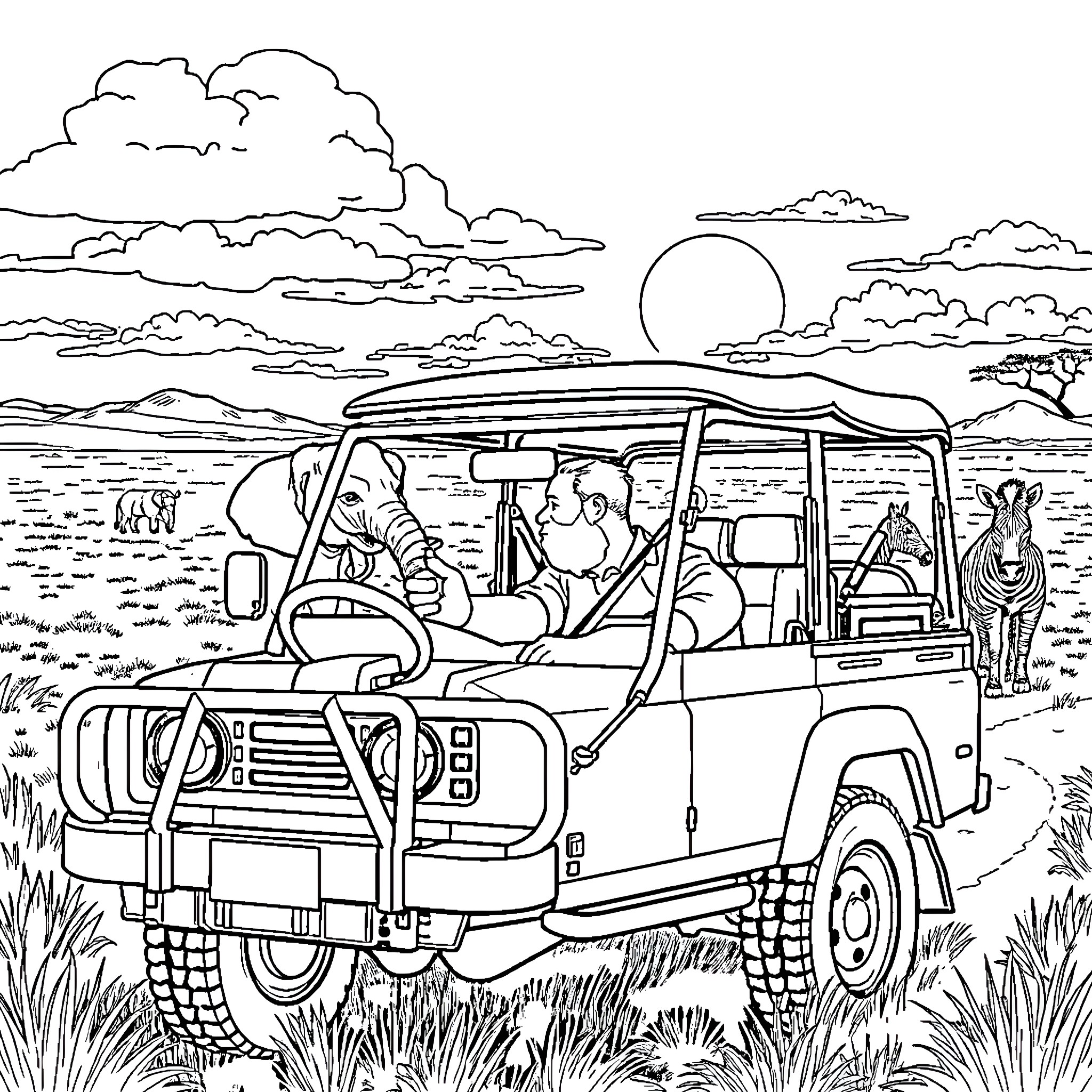 Bud Spencer's Safari Adventure Coloring Page (free black-and-white line drawing printable PDF for all, from beginners to advanced learners, including children, teens, adults, and seniors)