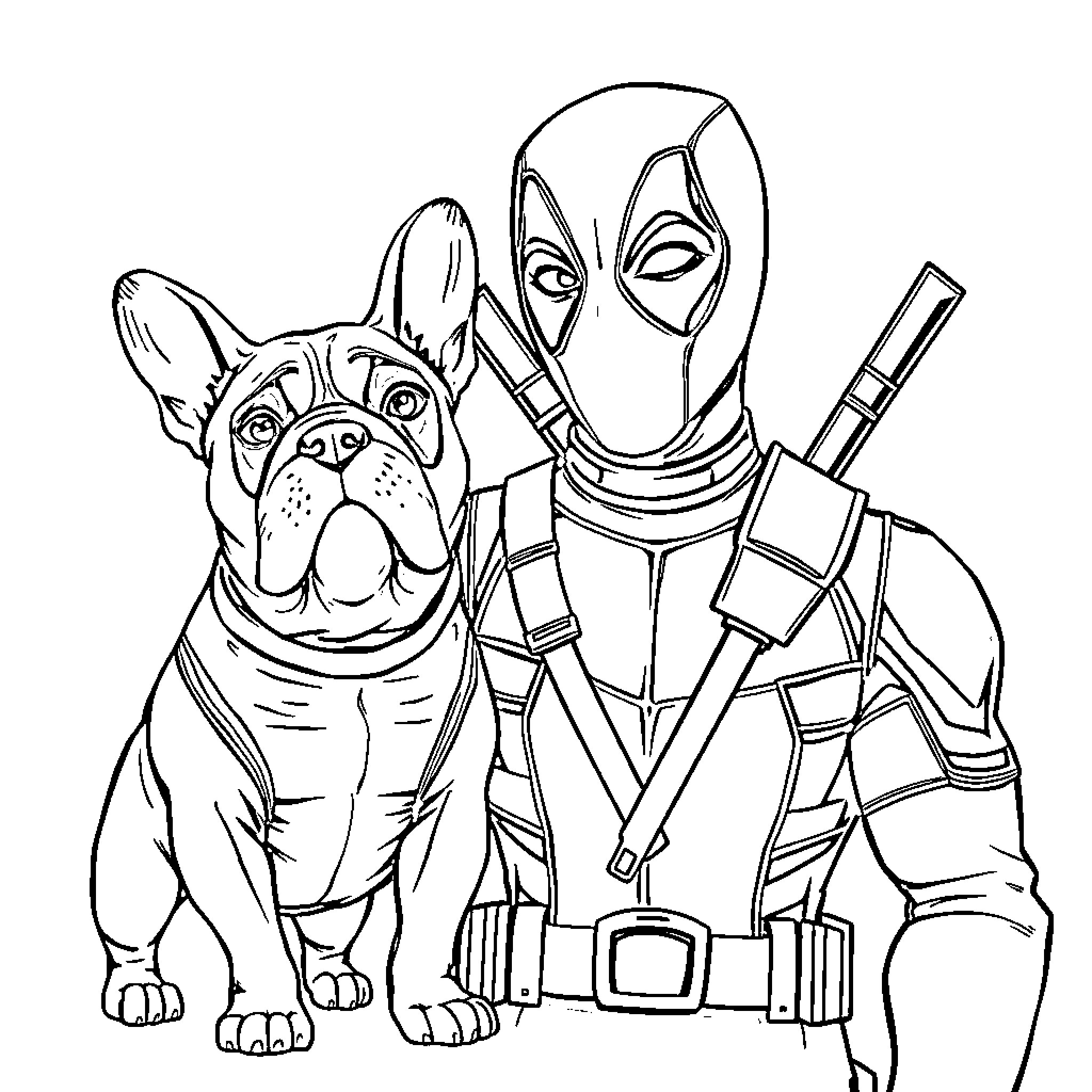 Deadpool and his French Bulldog companion Coloring Page (free black-and-white line drawing printable PDF for all, from beginners to advanced learners, including children, teens, adults, and seniors)