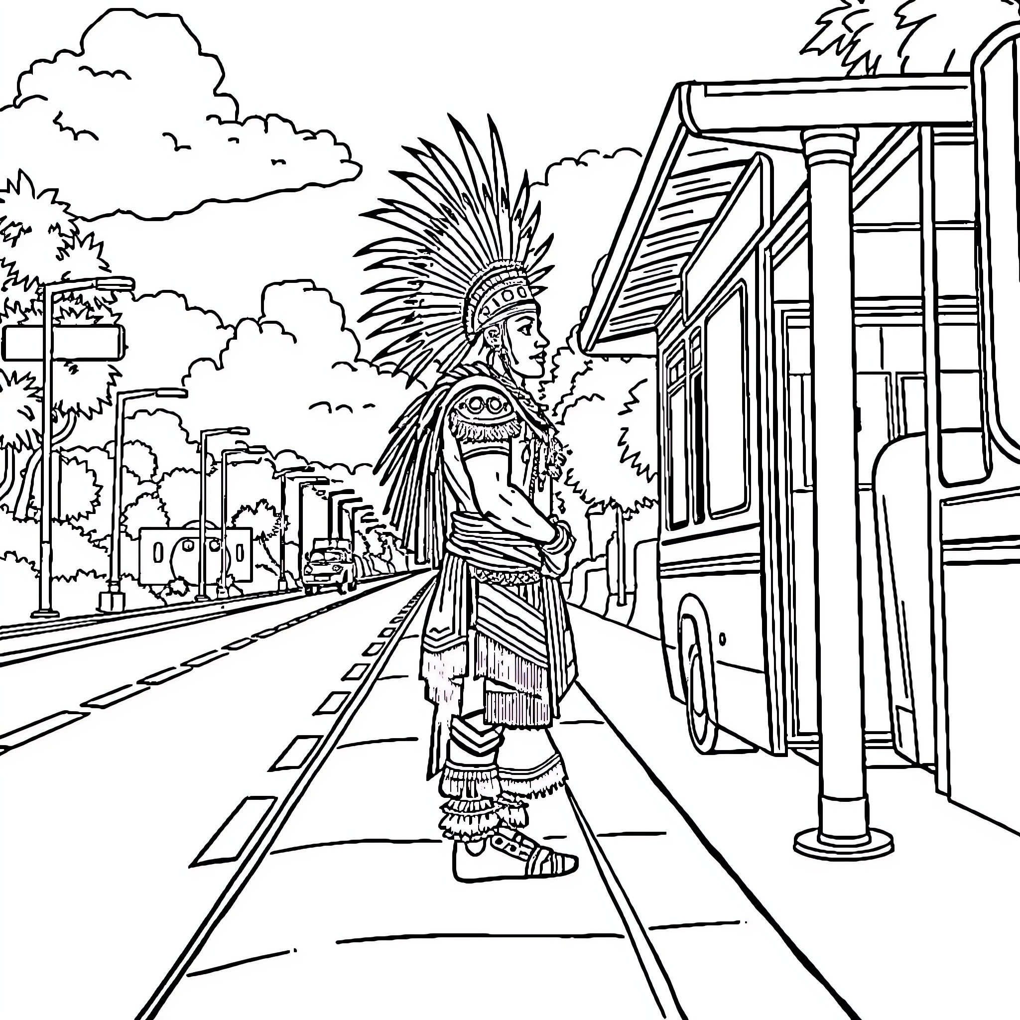 Mayan Warrior in Ceremonial Attire on Urban Street Coloring Page (free black-and-white line drawing printable PDF for all, from beginners to advanced learners, including children, teens, adults, and seniors)