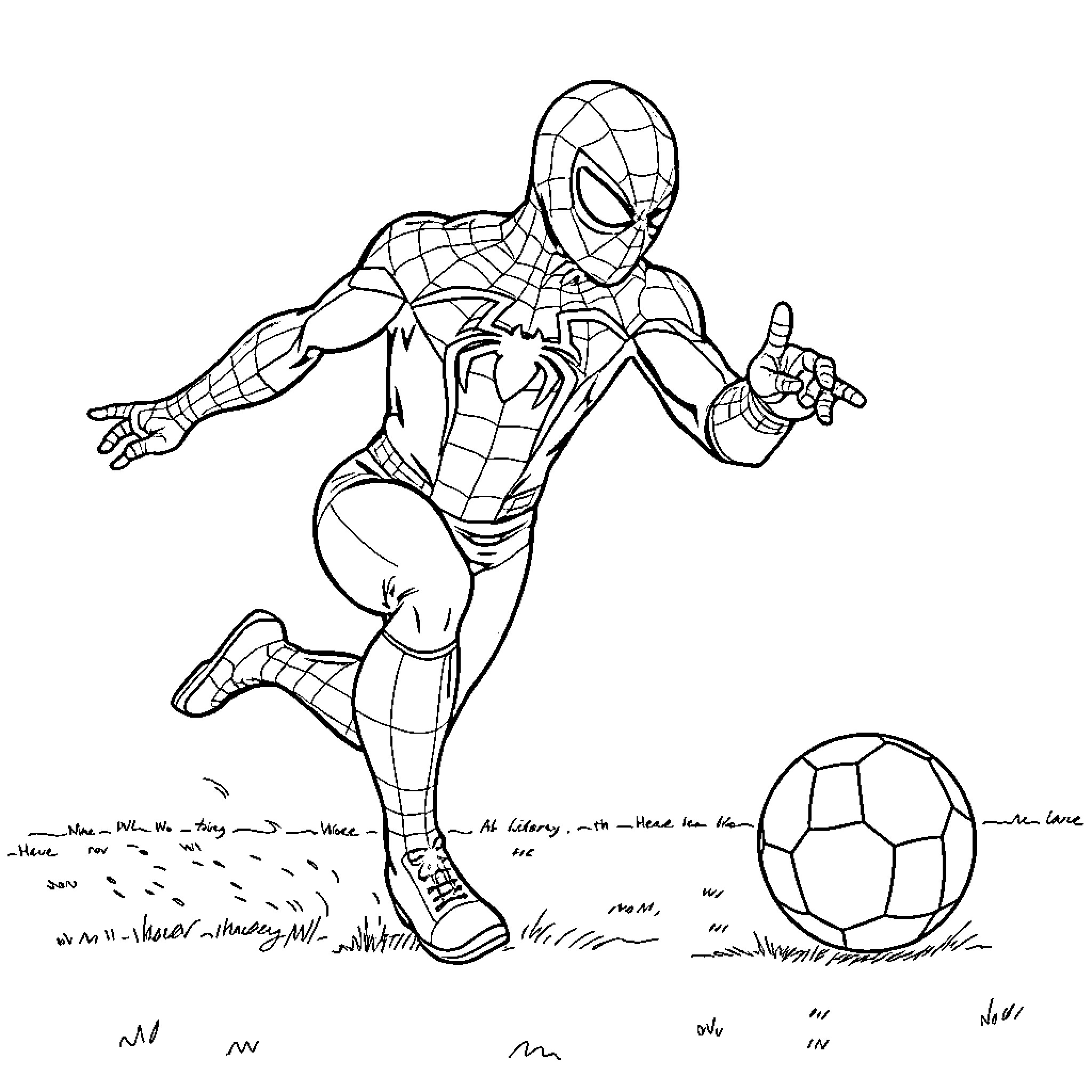 Spiderman playing with a soccer ball Coloring Page (free black-and-white line drawing printable PDF for all, from beginners to advanced learners, including children, teens, adults, and seniors)