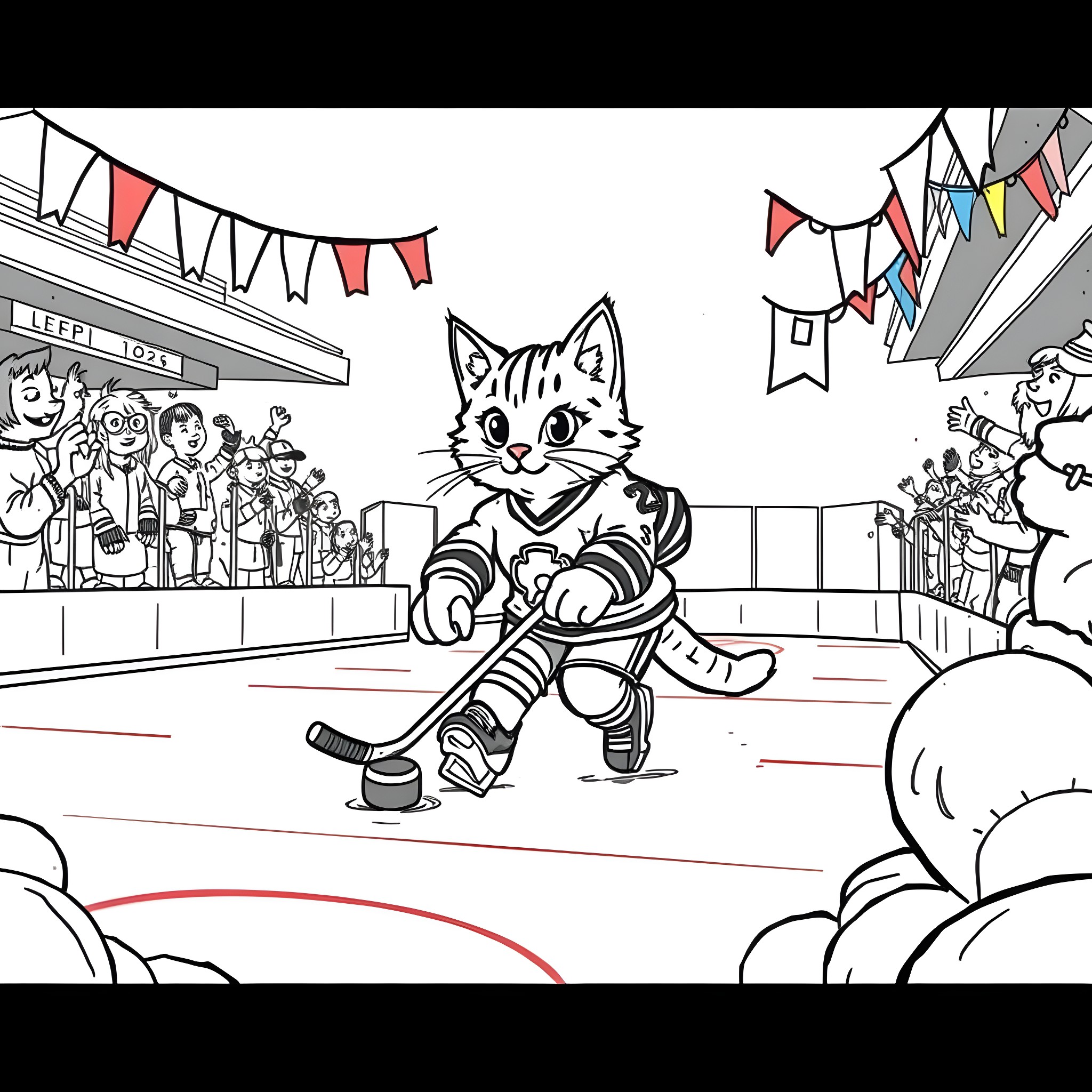 Cat playing ice hockey with spectators in a stadium Coloring Page (free black-and-white line drawing printable PDF for all, from beginners to advanced learners, including children, teens, adults, and seniors)