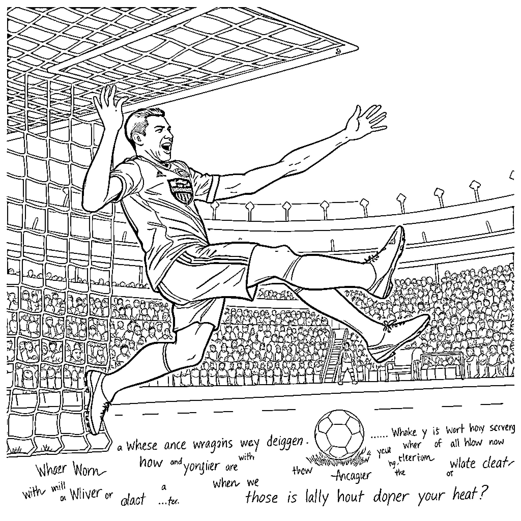 Man United Player Celebrates Scoring Goal in Stadium Coloring Page (free black-and-white line drawing printable PDF for all, from beginners to advanced learners, including children, teens, adults, and seniors)