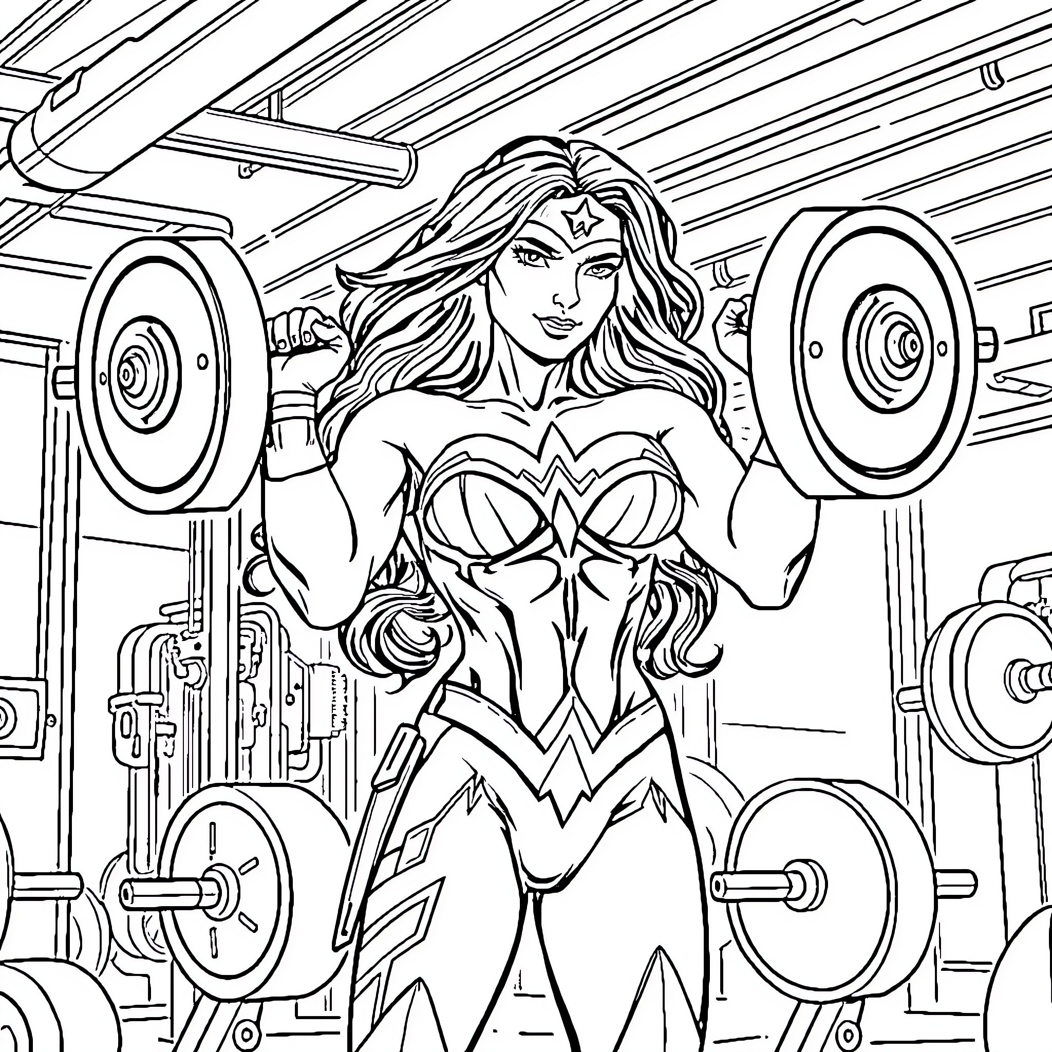 Wonder Woman lifting weights in a high-tech gym Coloring Page (free black-and-white line drawing printable PDF for all, from beginners to advanced learners, including children, teens, adults, and seniors)