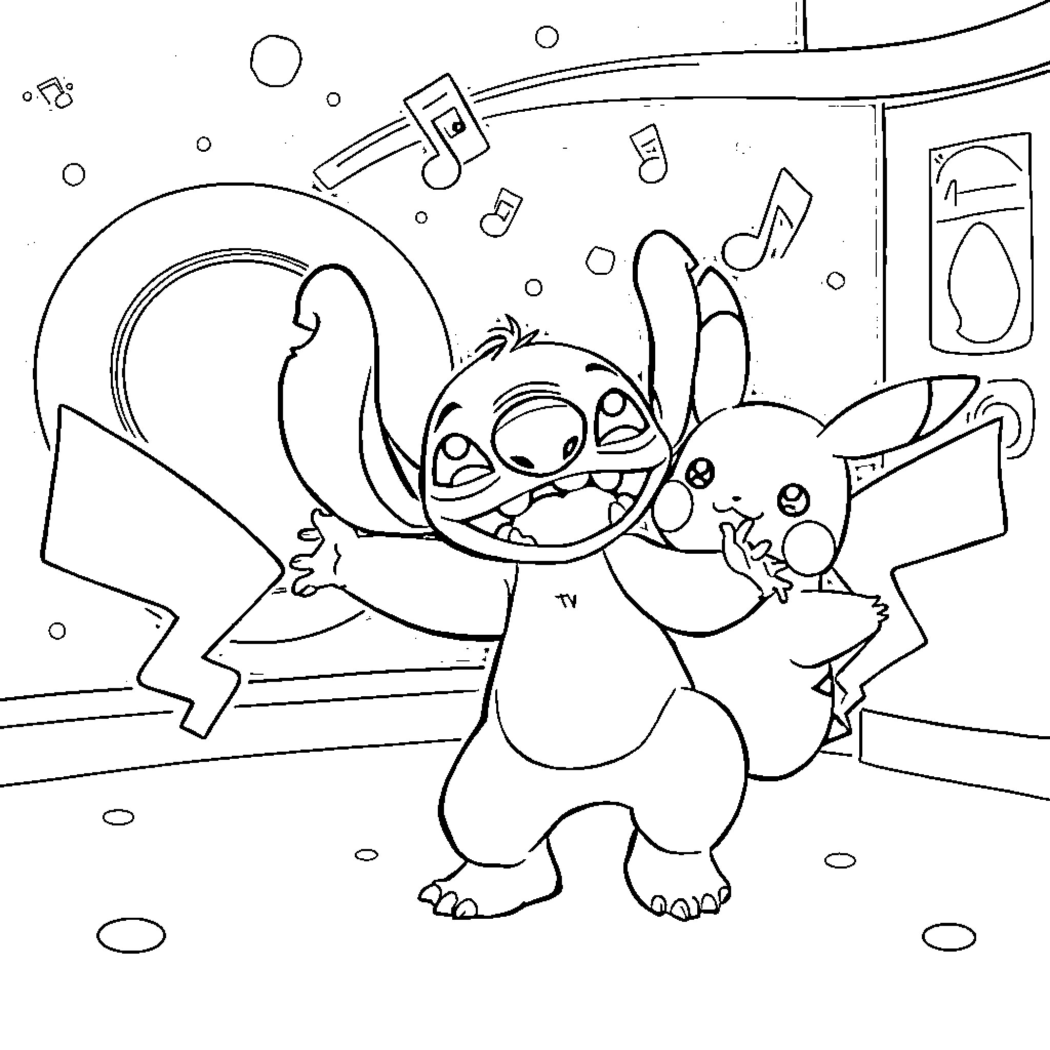 Stitch having a musical adventure Coloring Page (free black-and-white line drawing printable PDF for all, from beginners to advanced learners, including children, teens, adults, and seniors)