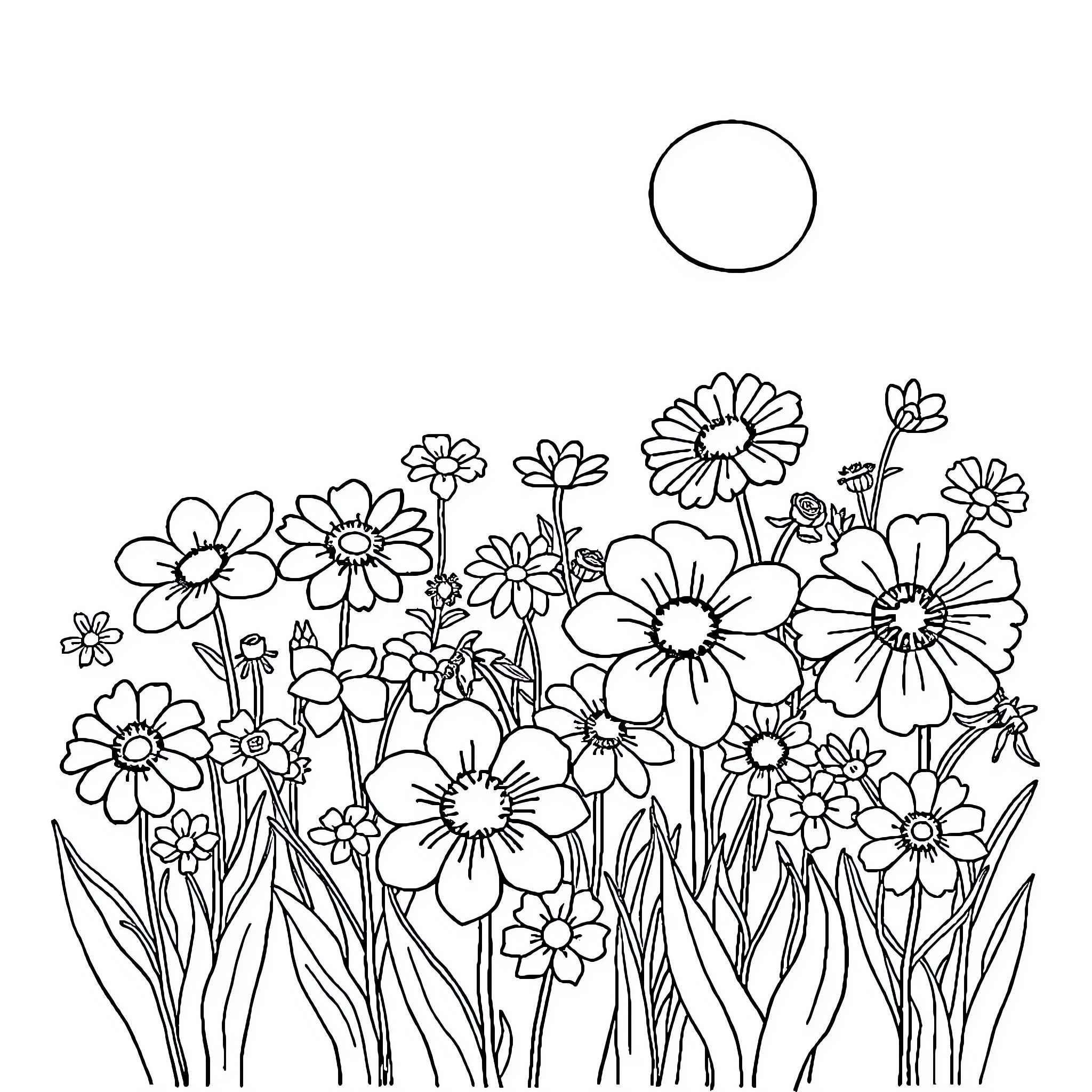 Flower garden with blooming floral arrangement Coloring Page (free black-and-white line drawing printable PDF for all, from beginners to advanced learners, including children, teens, adults, and seniors)