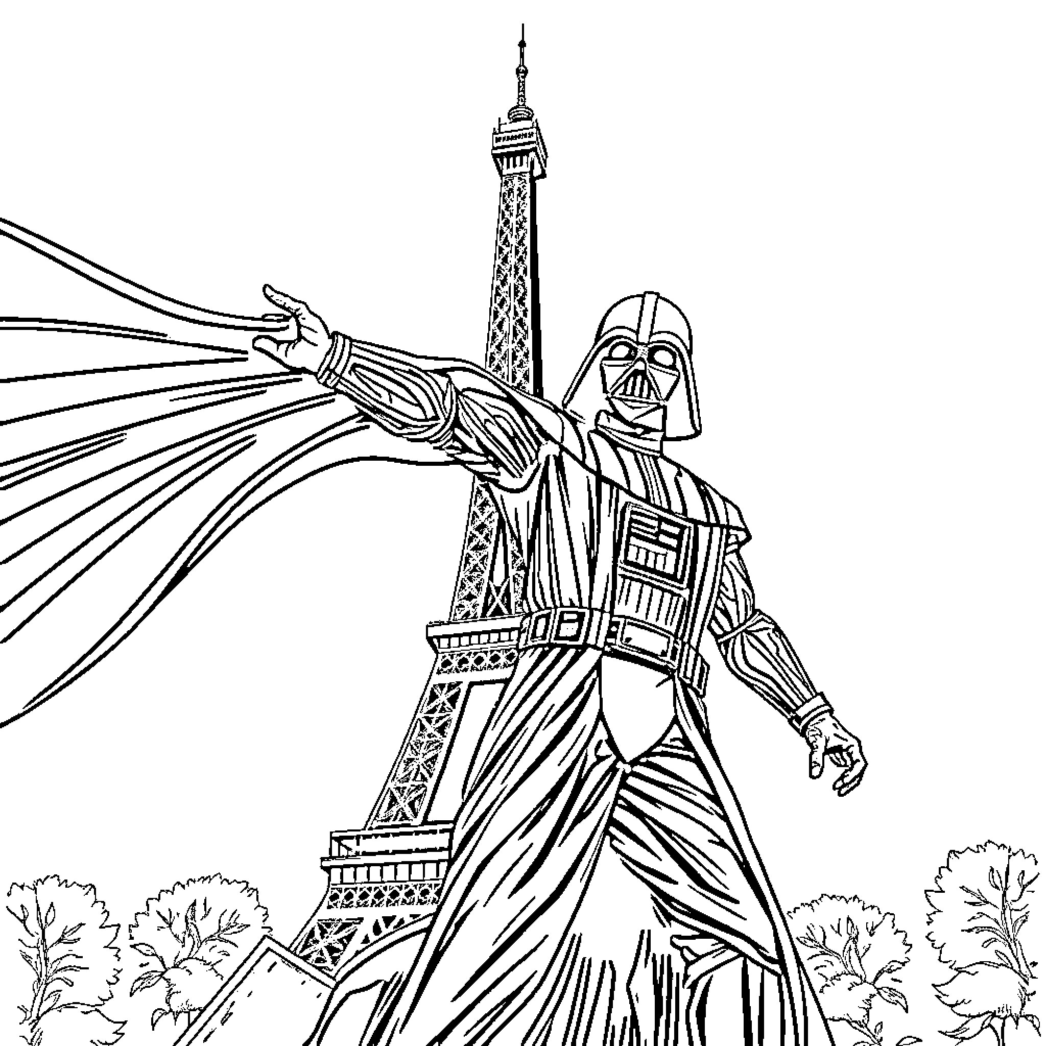Darth Vader dominates the Eiffel Tower Coloring Page (free black-and-white line drawing printable PDF for all, from beginners to advanced learners, including children, teens, adults, and seniors)