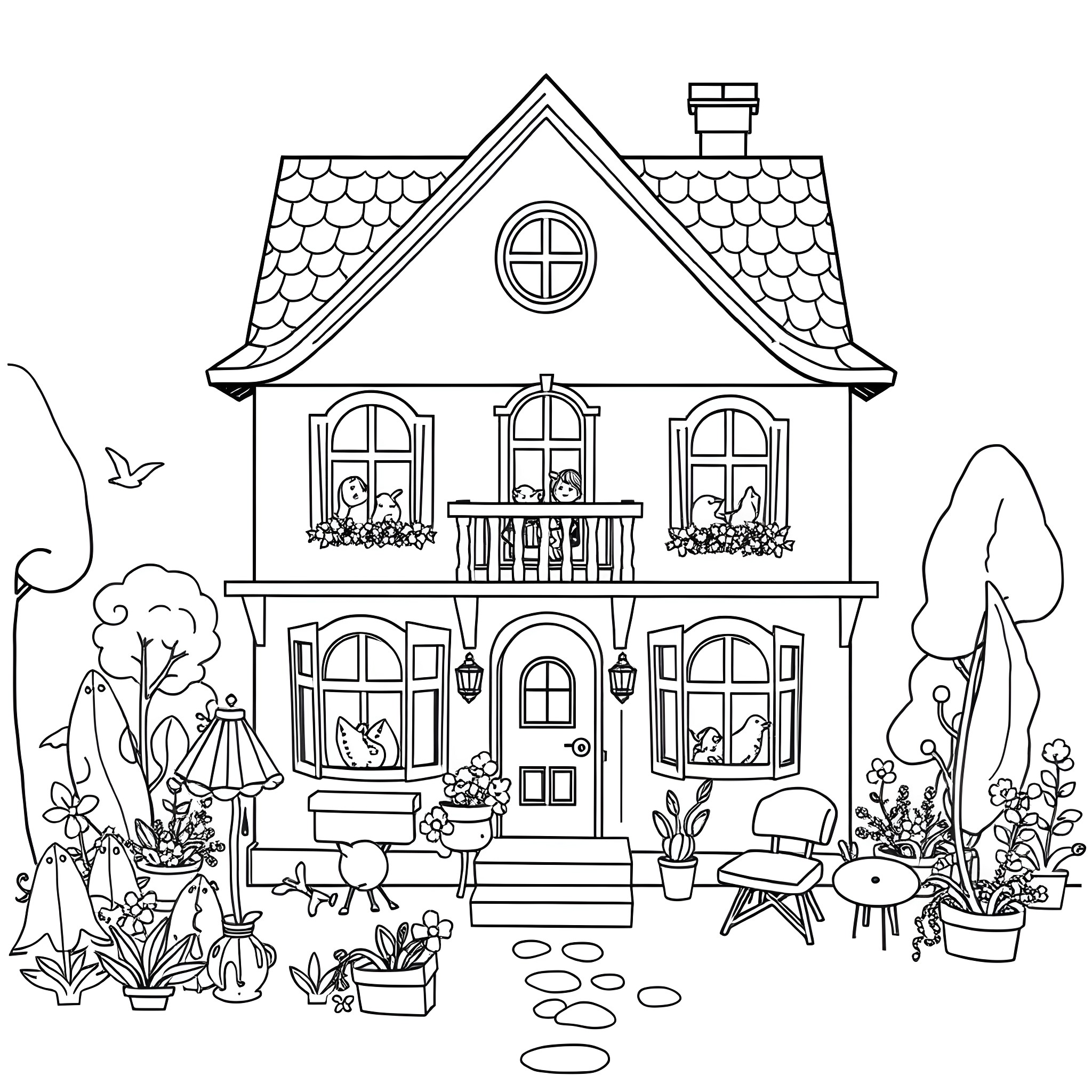 Dollhouse with playful characters and decorative elements Coloring Page (free black-and-white line drawing printable PDF for all, from beginners to advanced learners, including children, teens, adults, and seniors)