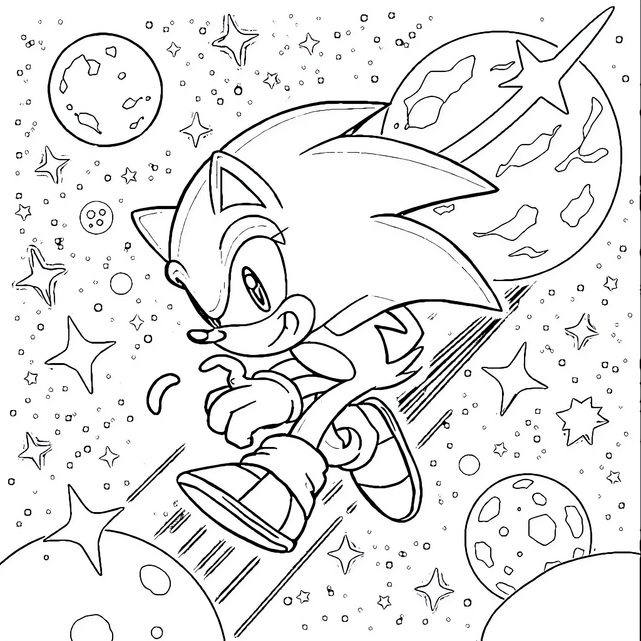 Sonic the Hedgehog zooming through a cosmic scene Coloring Page (free black-and-white line drawing printable PDF for all, from beginners to advanced learners, including children, teens, adults, and seniors)