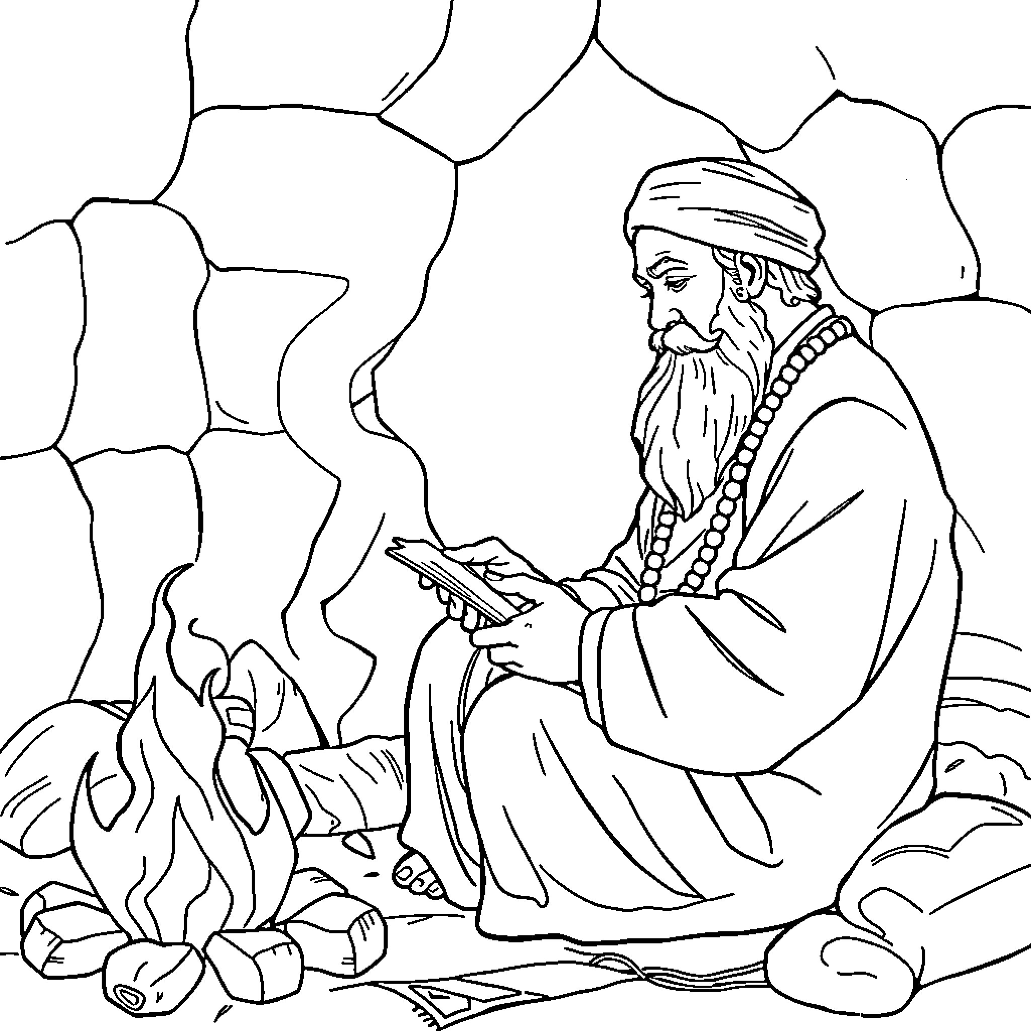 Rumi contemplating wisdom in the wilderness Coloring Page (free black-and-white line drawing printable PDF for all, from beginners to advanced learners, including children, teens, adults, and seniors)