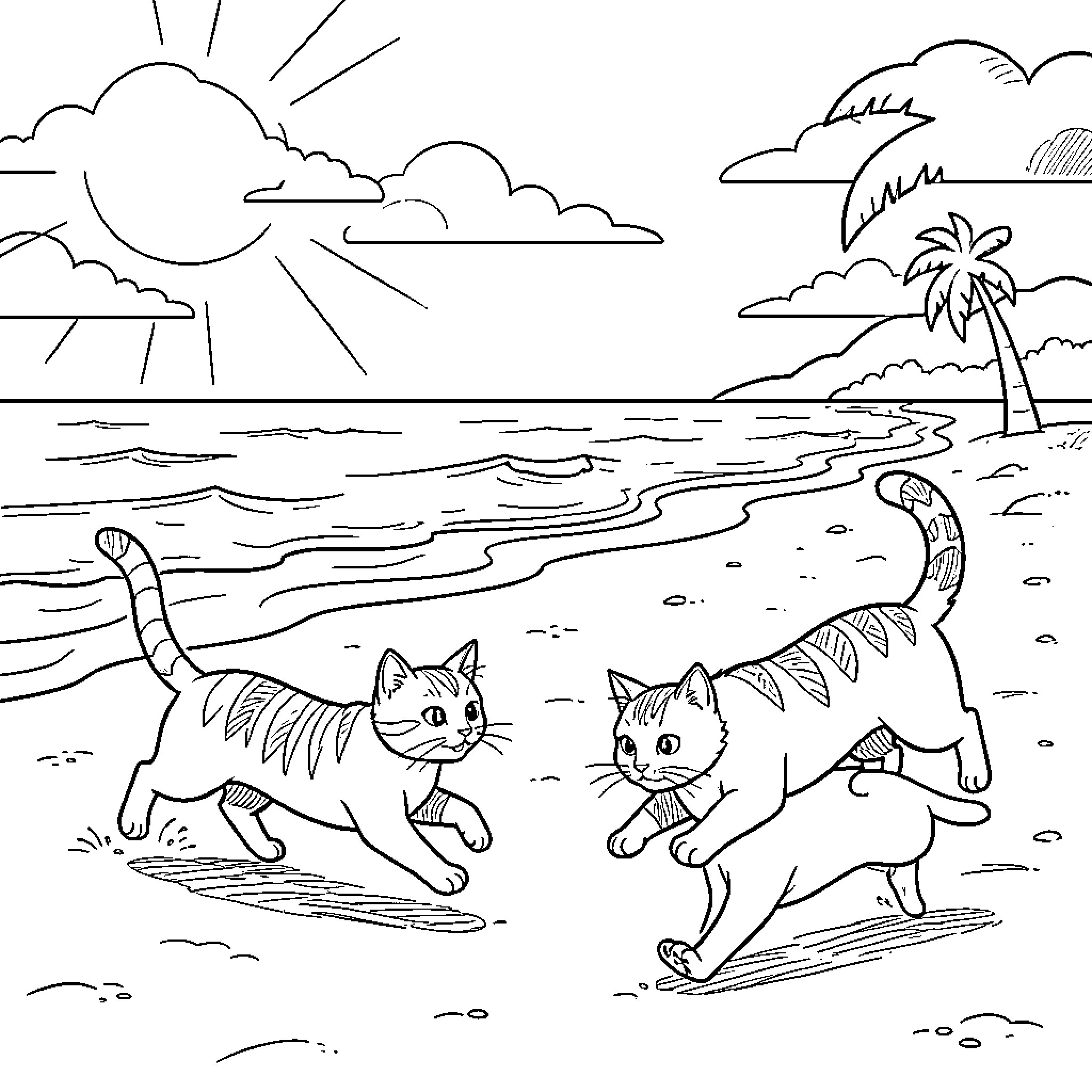 Gato cats playing on the beach Coloring Page (free black-and-white line drawing printable PDF for all, from beginners to advanced learners, including children, teens, adults, and seniors)