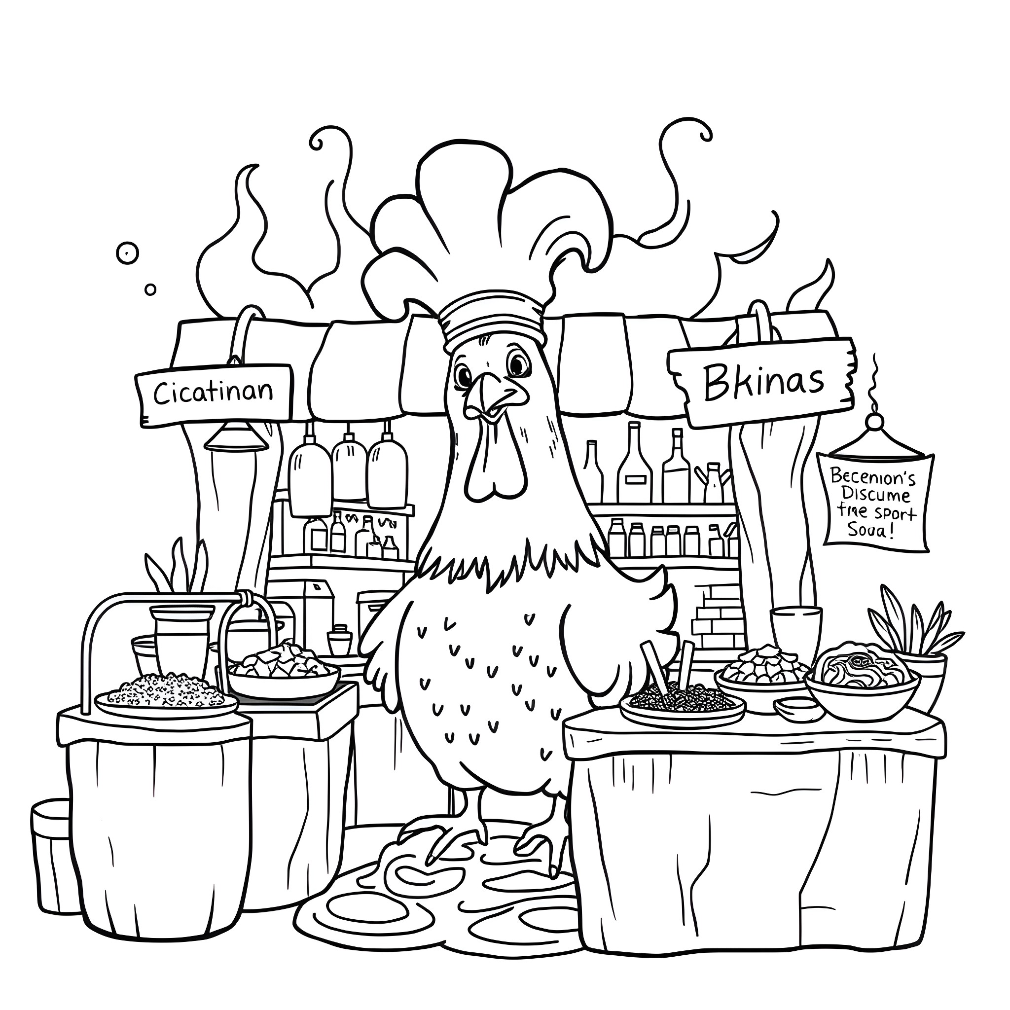 Chicken selling various local delicacies and snacks Coloring Page (free black-and-white line drawing printable PDF for all, from beginners to advanced learners, including children, teens, adults, and seniors)