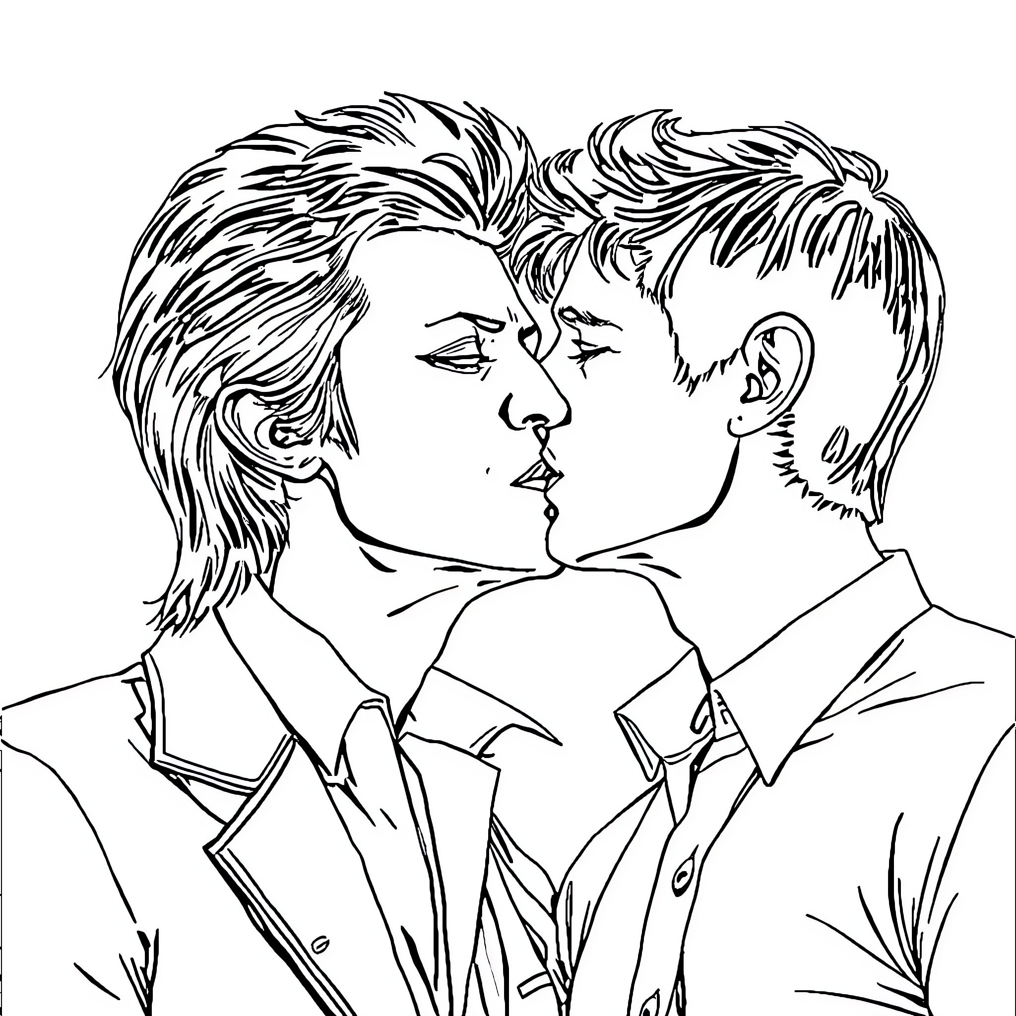 David Bowie and companion sharing intimate moment Coloring Page (free black-and-white line drawing printable PDF for all, from beginners to advanced learners, including children, teens, adults, and seniors)