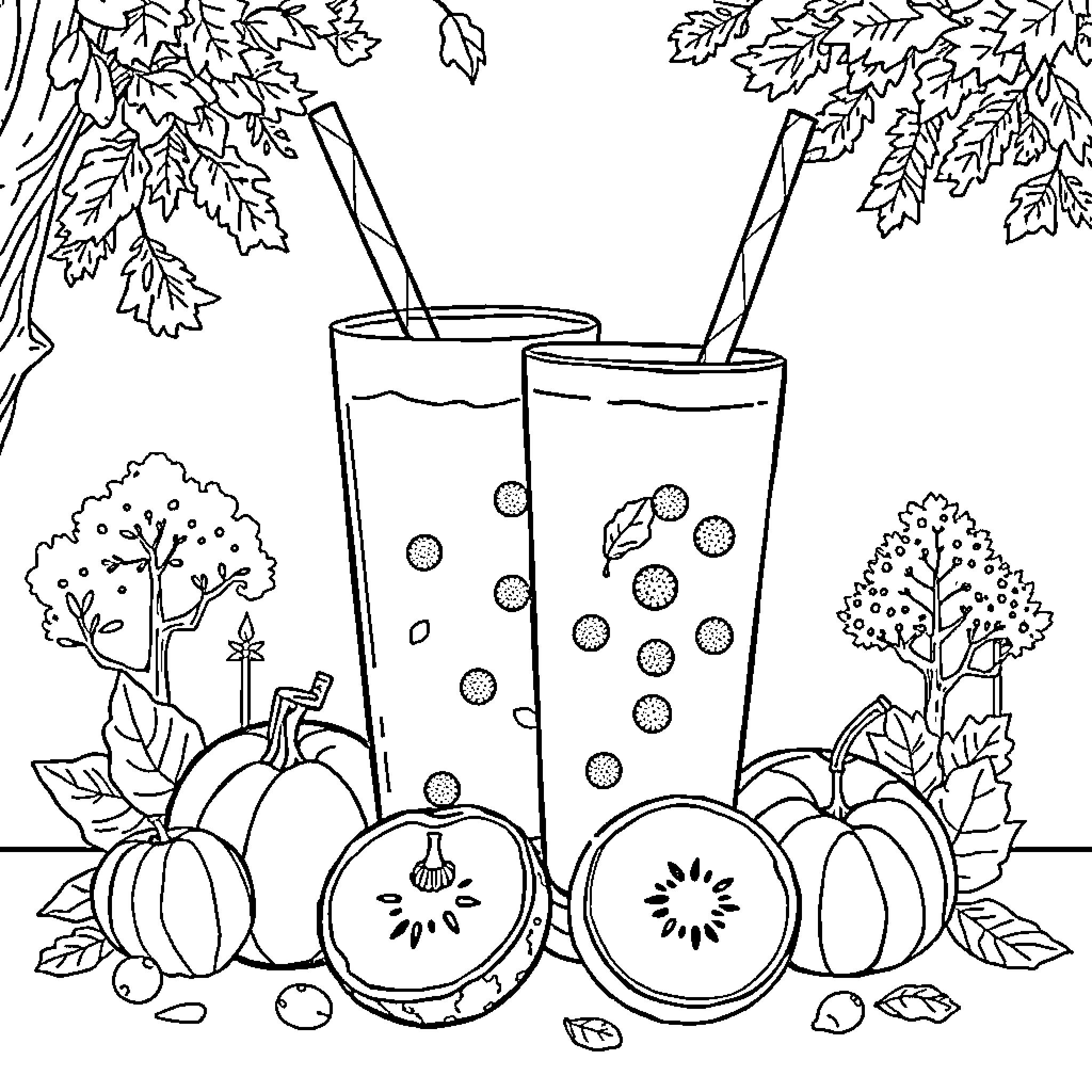 Tree Leaves and Autumn Treats Coloring Page (free black-and-white line drawing printable PDF for all, from beginners to advanced learners, including children, teens, adults, and seniors)