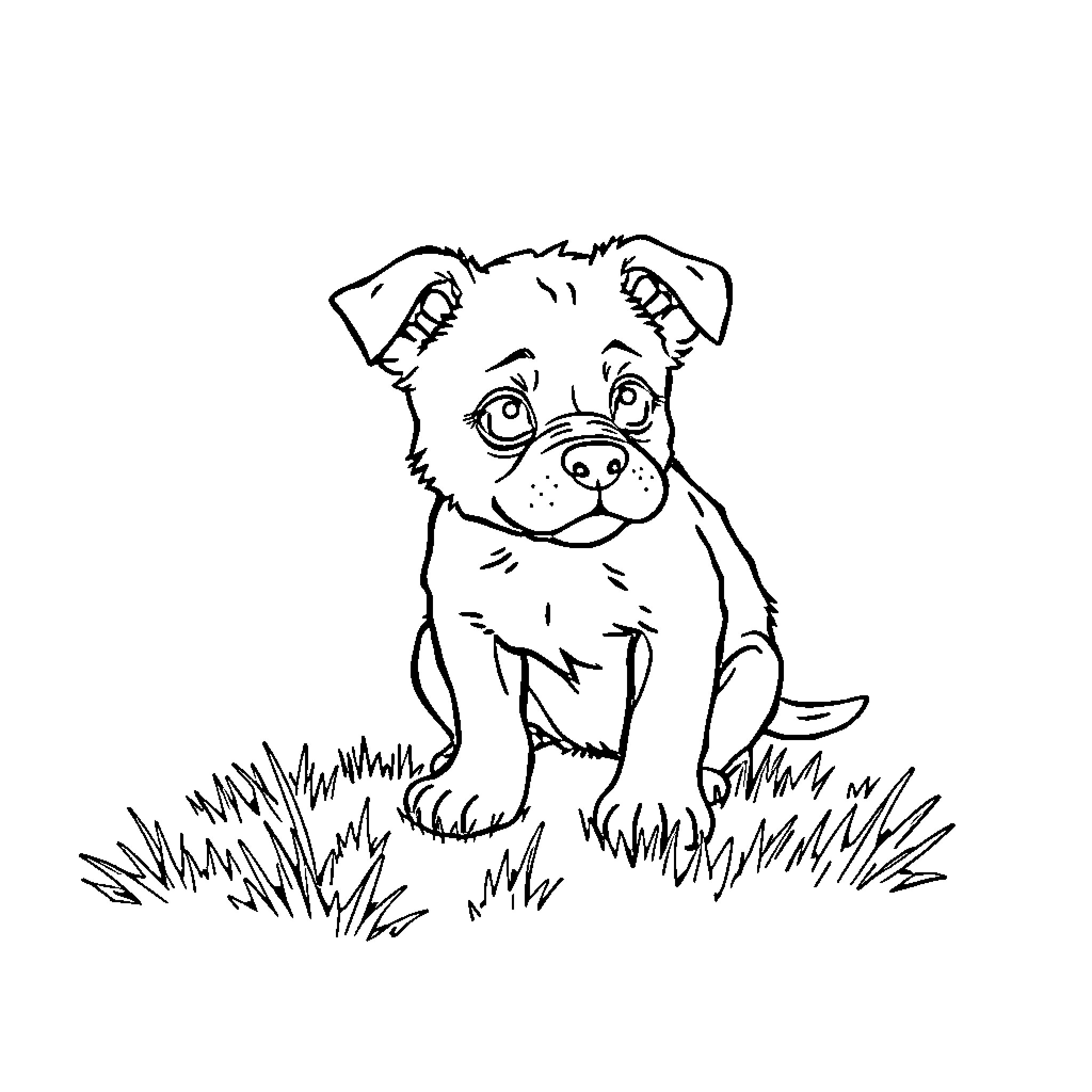 Poop puppy playing in the grass Coloring Page (free black-and-white line drawing printable PDF for all, from beginners to advanced learners, including children, teens, adults, and seniors)