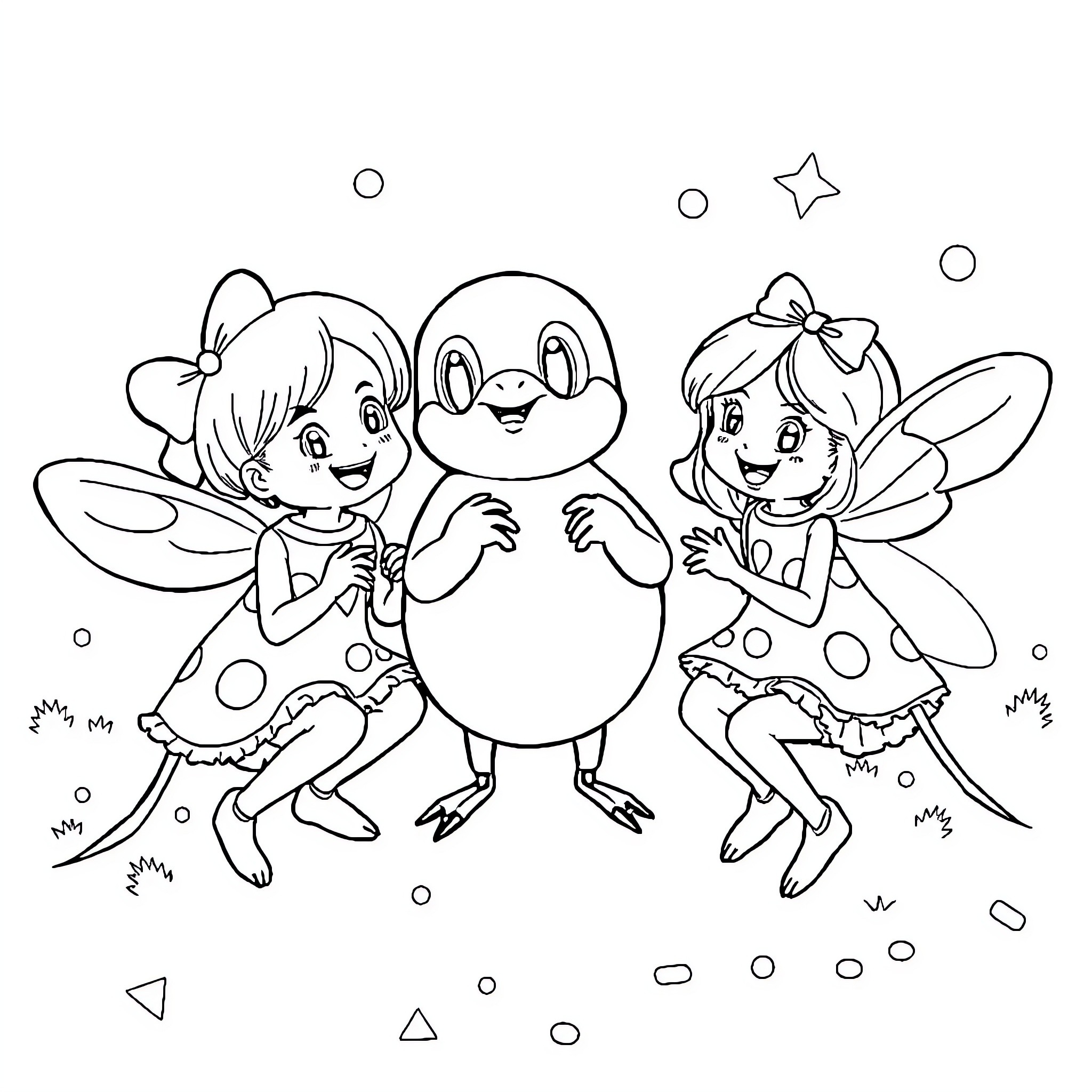 Sister Fairies Playing and Dancing Joyfully Coloring Page (free black-and-white line drawing printable PDF for all, from beginners to advanced learners, including children, teens, adults, and seniors)