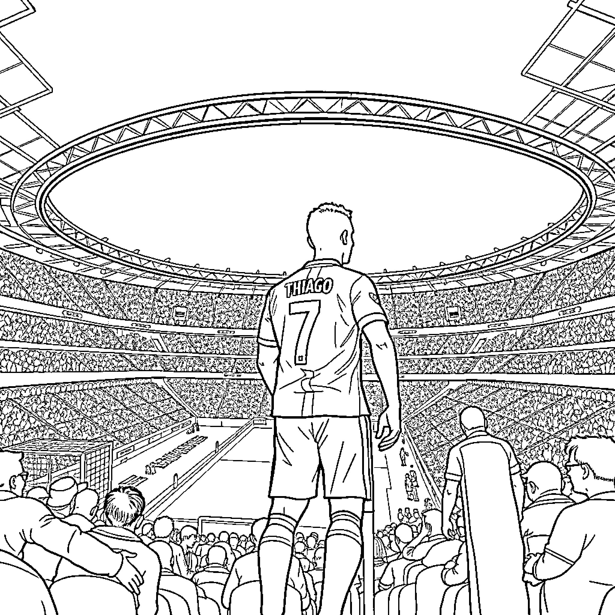 Football Player Standing on the Field Before a Cheering Crowd Coloring Page (free black-and-white line drawing printable PDF for all, from beginners to advanced learners, including children, teens, adults, and seniors)