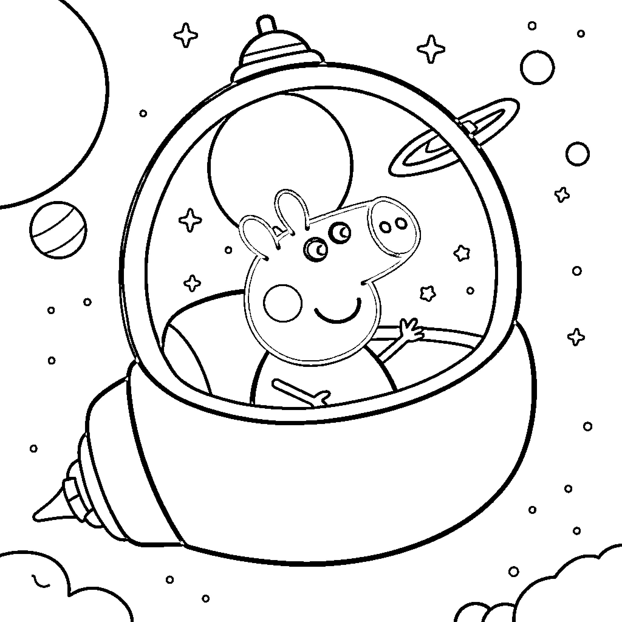 Peppa Pig in a Spaceship Adventure Coloring Page (free black-and-white line drawing printable PDF for all, from beginners to advanced learners, including children, teens, adults, and seniors)