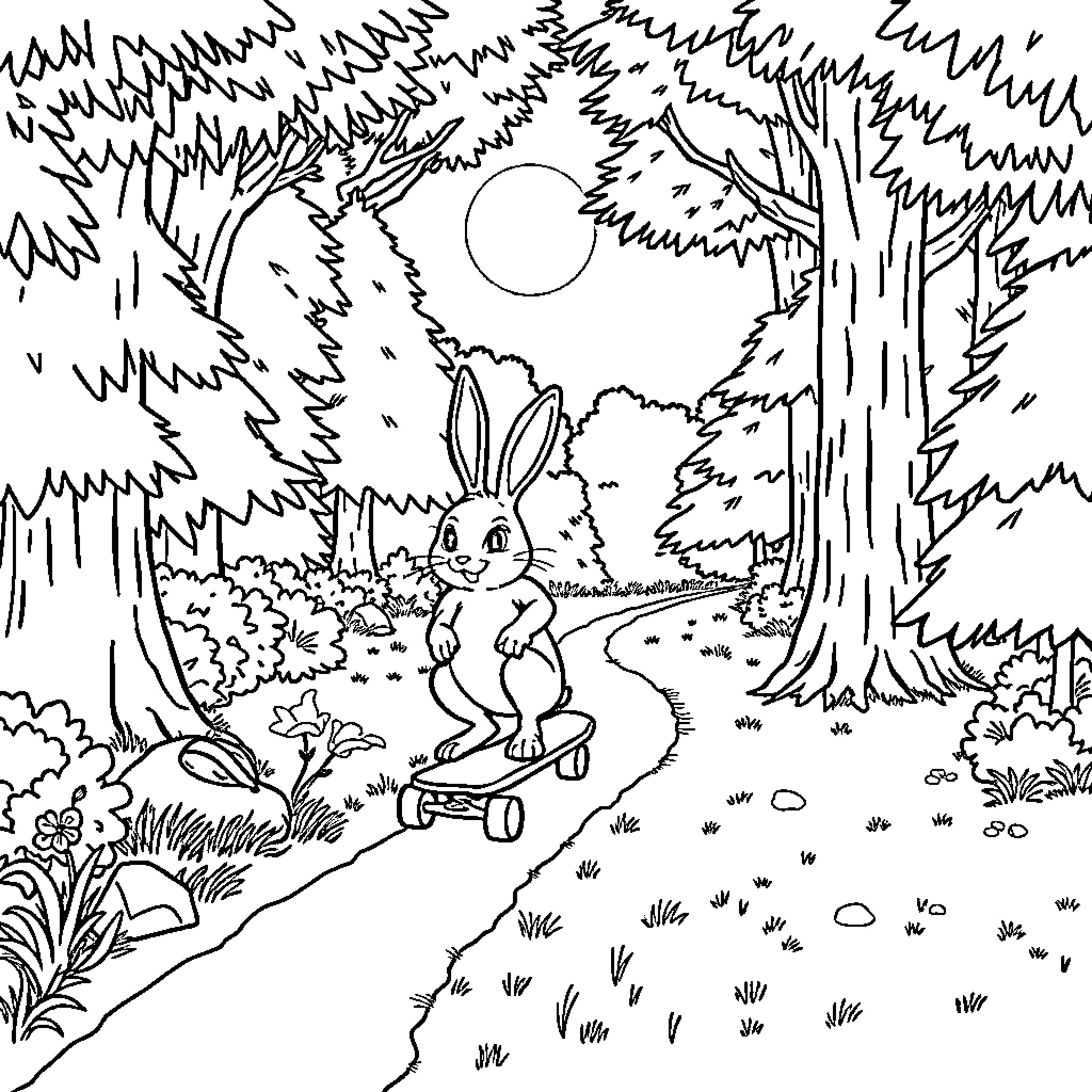 Rabbit Hopping on a Path in the Woods Coloring Page (free black-and-white line drawing printable PDF for all, from beginners to advanced learners, including children, teens, adults, and seniors)