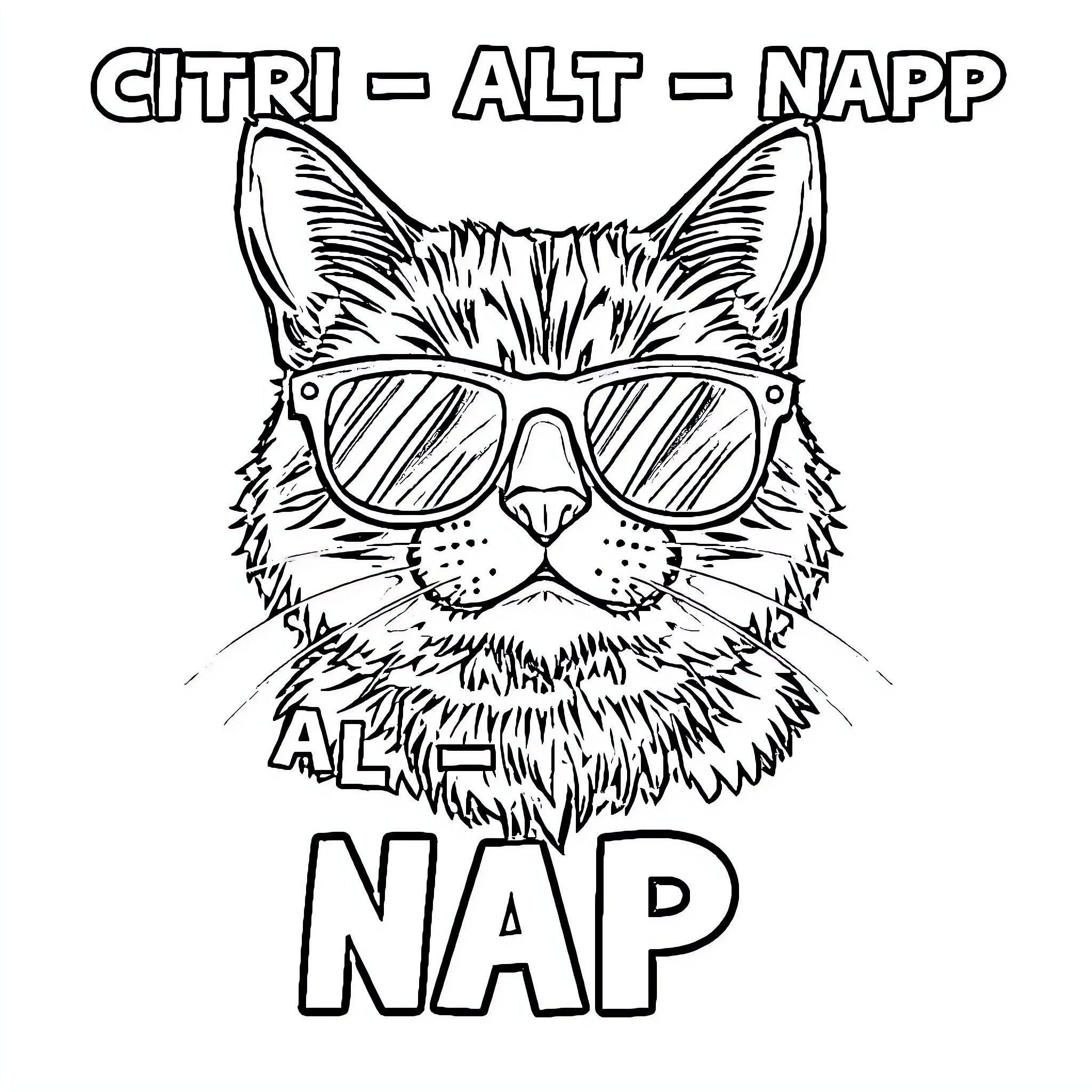 Cat Wearing Glasses Taking All Nap Coloring Page (free black-and-white line drawing printable PDF for all, from beginners to advanced learners, including children, teens, adults, and seniors)