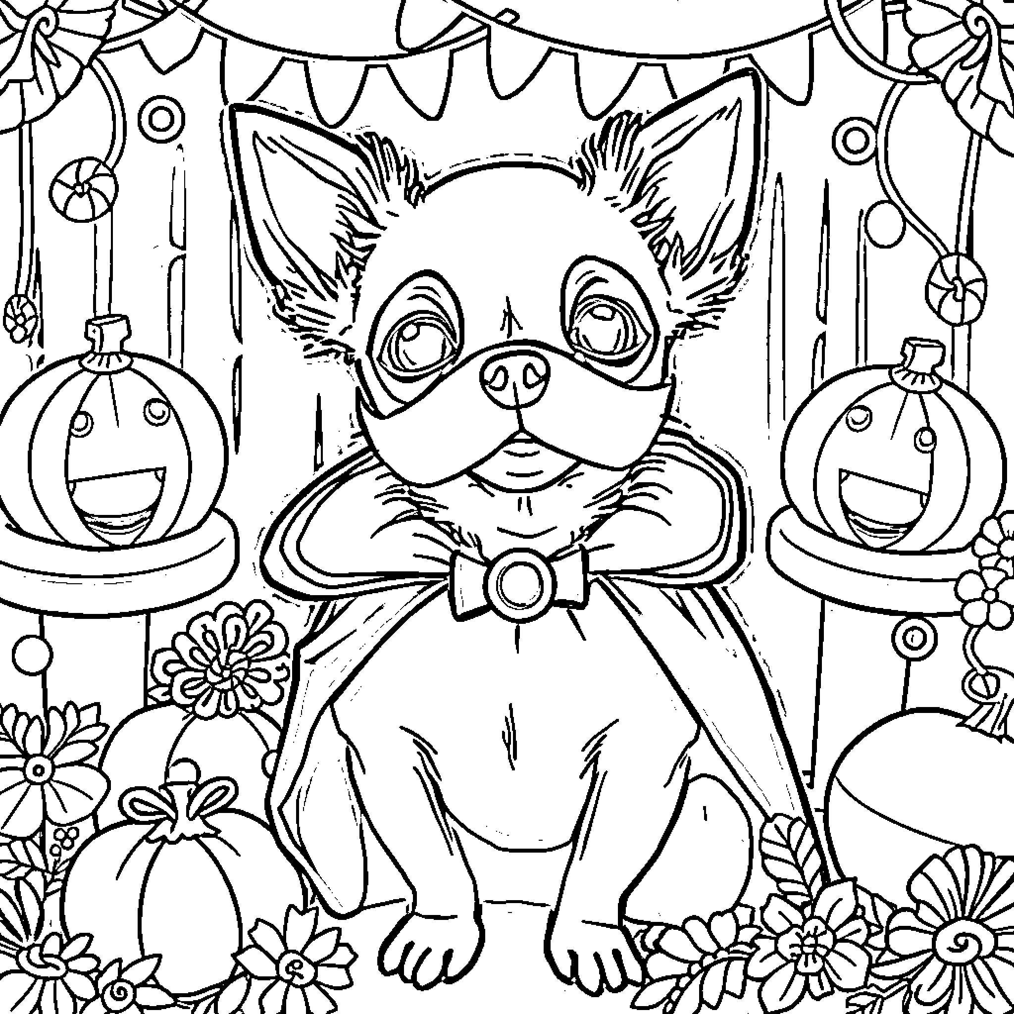 Chihuahua dressed up for Halloween festivities Coloring Page (free black-and-white line drawing printable PDF for all, from beginners to advanced learners, including children, teens, adults, and seniors)