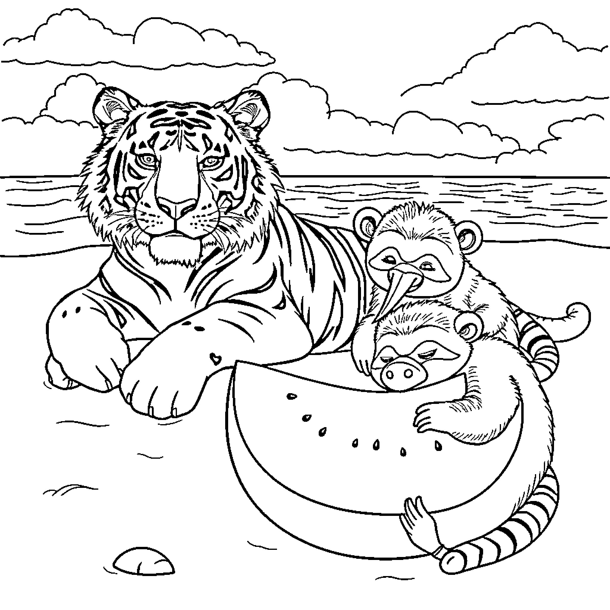 Tiger and friends enjoying sunset by the lake Coloring Page (free black-and-white line drawing printable PDF for all, from beginners to advanced learners, including children, teens, adults, and seniors)