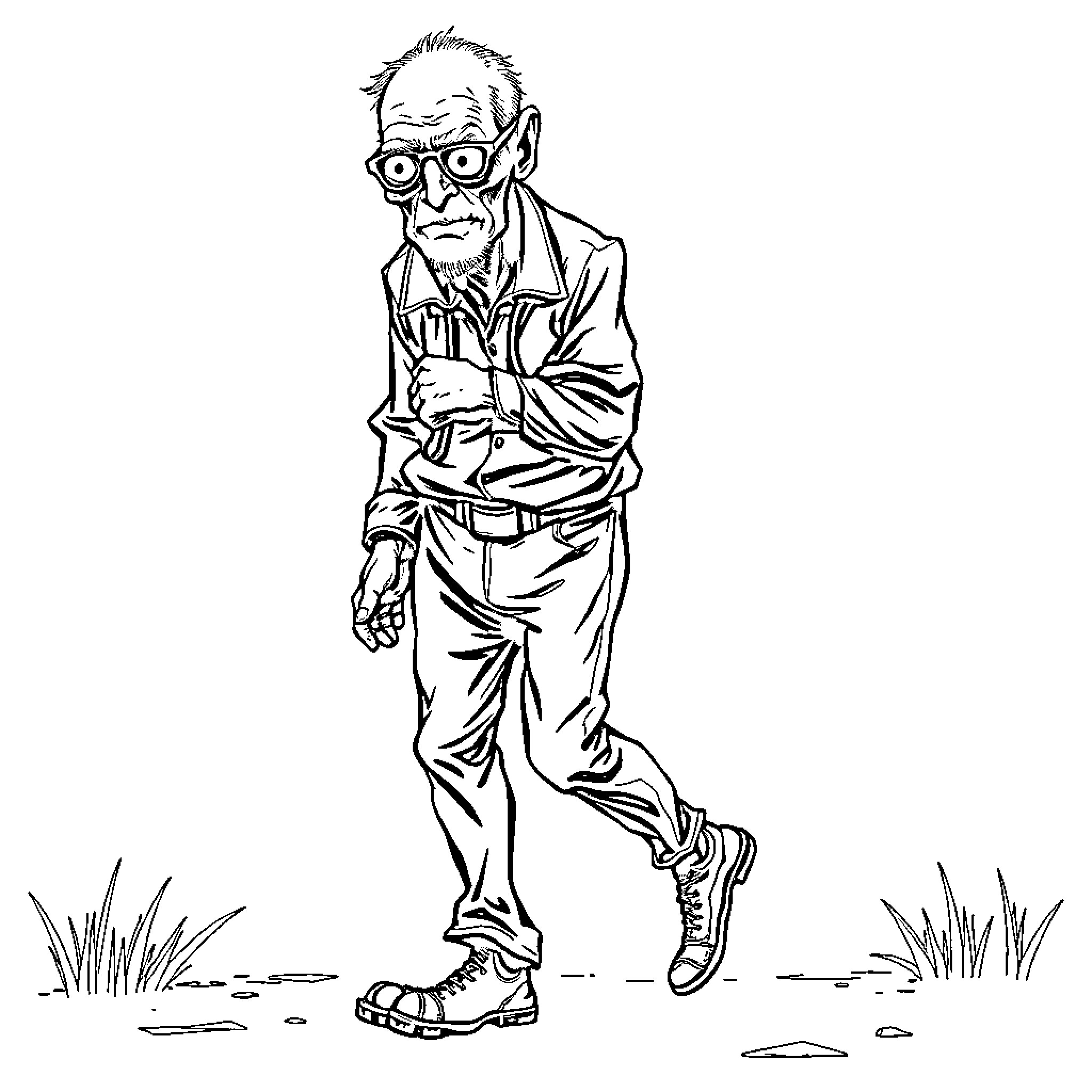 Man with glasses and beard walking outdoors Coloring Page (free black-and-white line drawing printable PDF for all, from beginners to advanced learners, including children, teens, adults, and seniors)