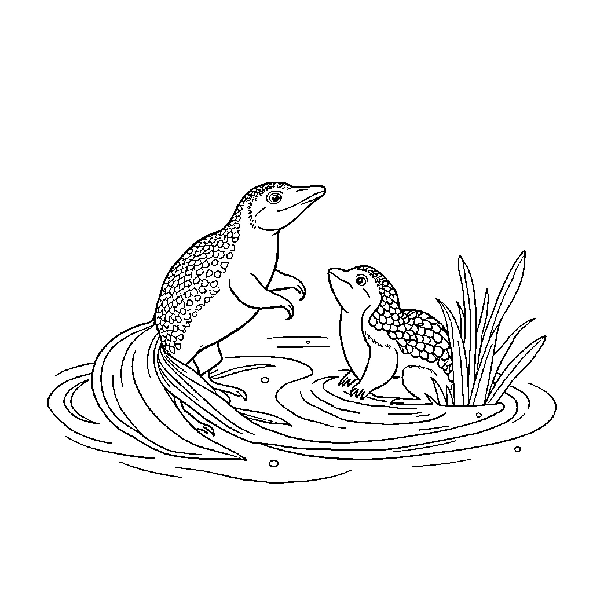 Capybaras relaxing in the water Coloring Page (free black-and-white line drawing printable PDF for all, from beginners to advanced learners, including children, teens, adults, and seniors)