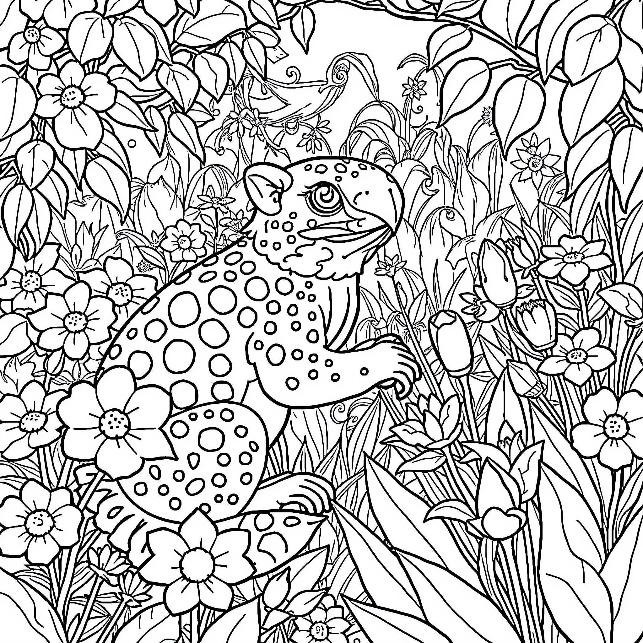 Animal surrounded by vibrant floral patterns Coloring Page (free black-and-white line drawing printable PDF for all, from beginners to advanced learners, including children, teens, adults, and seniors)