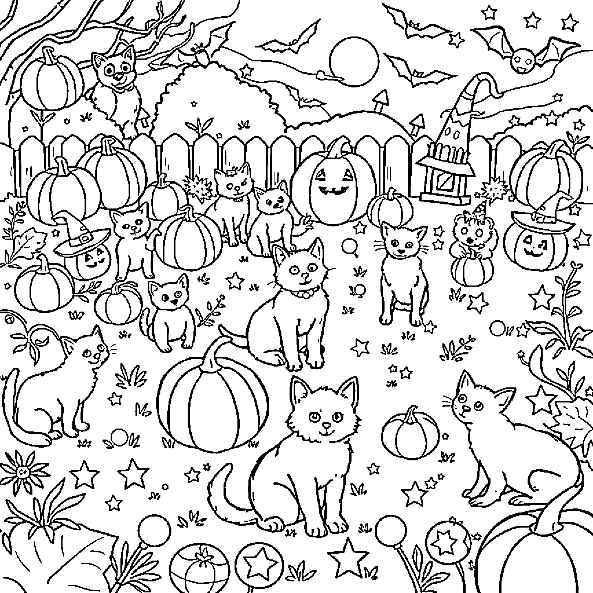 Cats playing in a whimsical Halloween scene Coloring Page (free black-and-white line drawing printable PDF for all, from beginners to advanced learners, including children, teens, adults, and seniors)