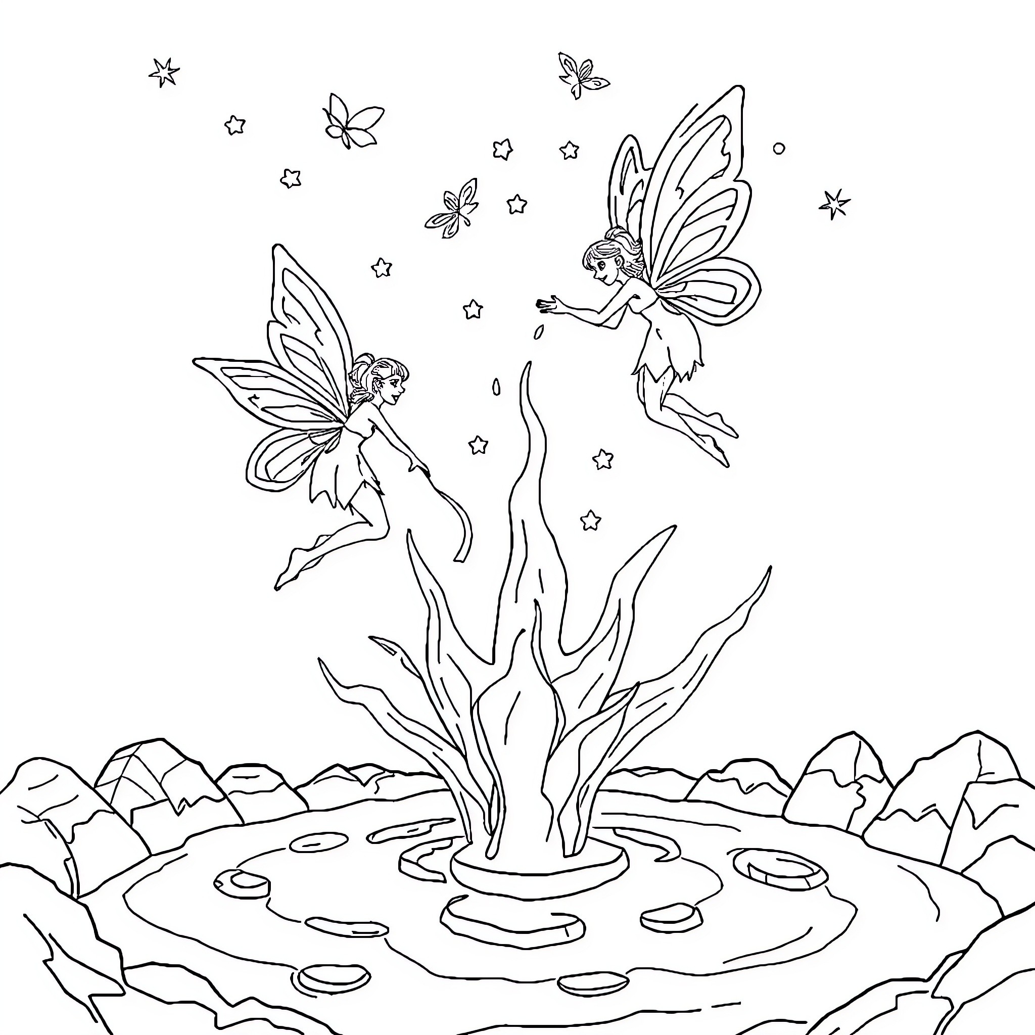 Fairy Fairies Dancing in Enchanting Woodland Scene Coloring Page (free black-and-white line drawing printable PDF for all, from beginners to advanced learners, including children, teens, adults, and seniors)