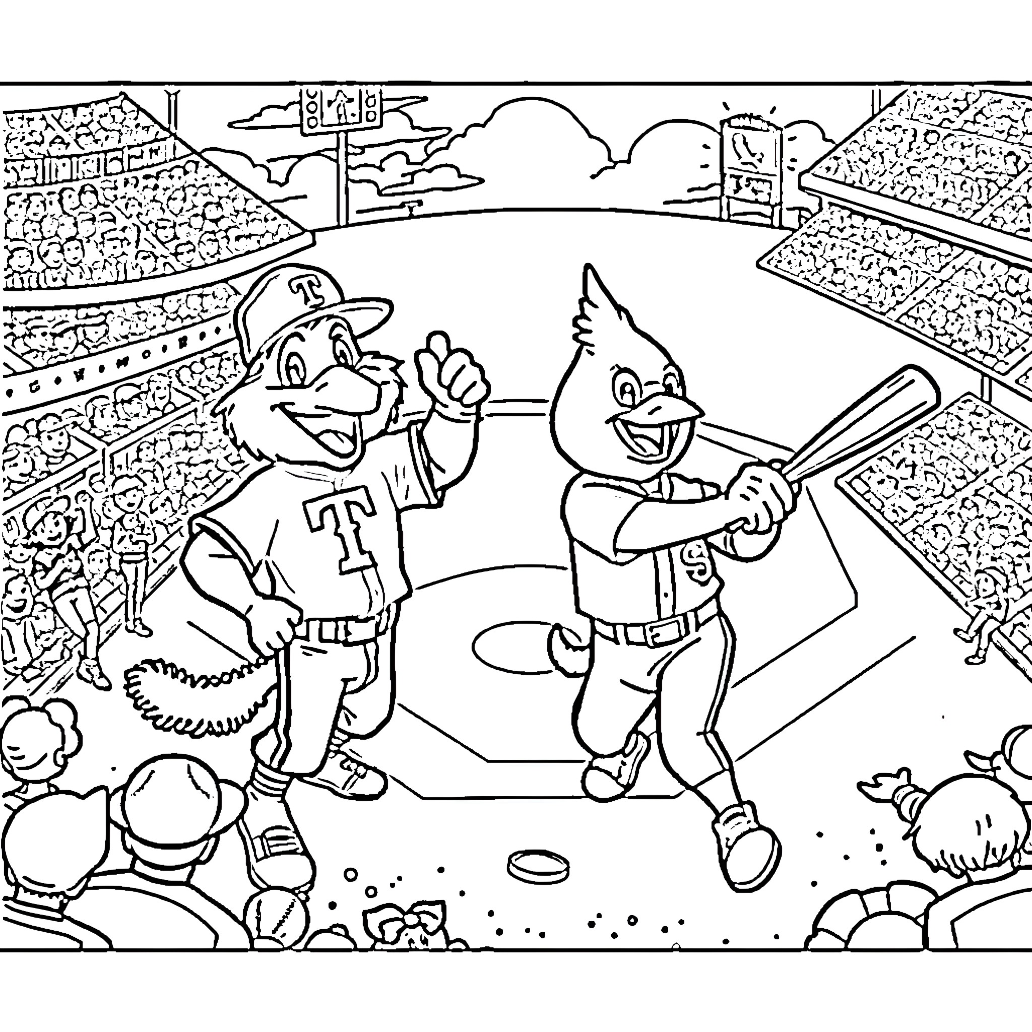 Mascot baseball players celebrating on the field Coloring Page (free black-and-white line drawing printable PDF for all, from beginners to advanced learners, including children, teens, adults, and seniors)