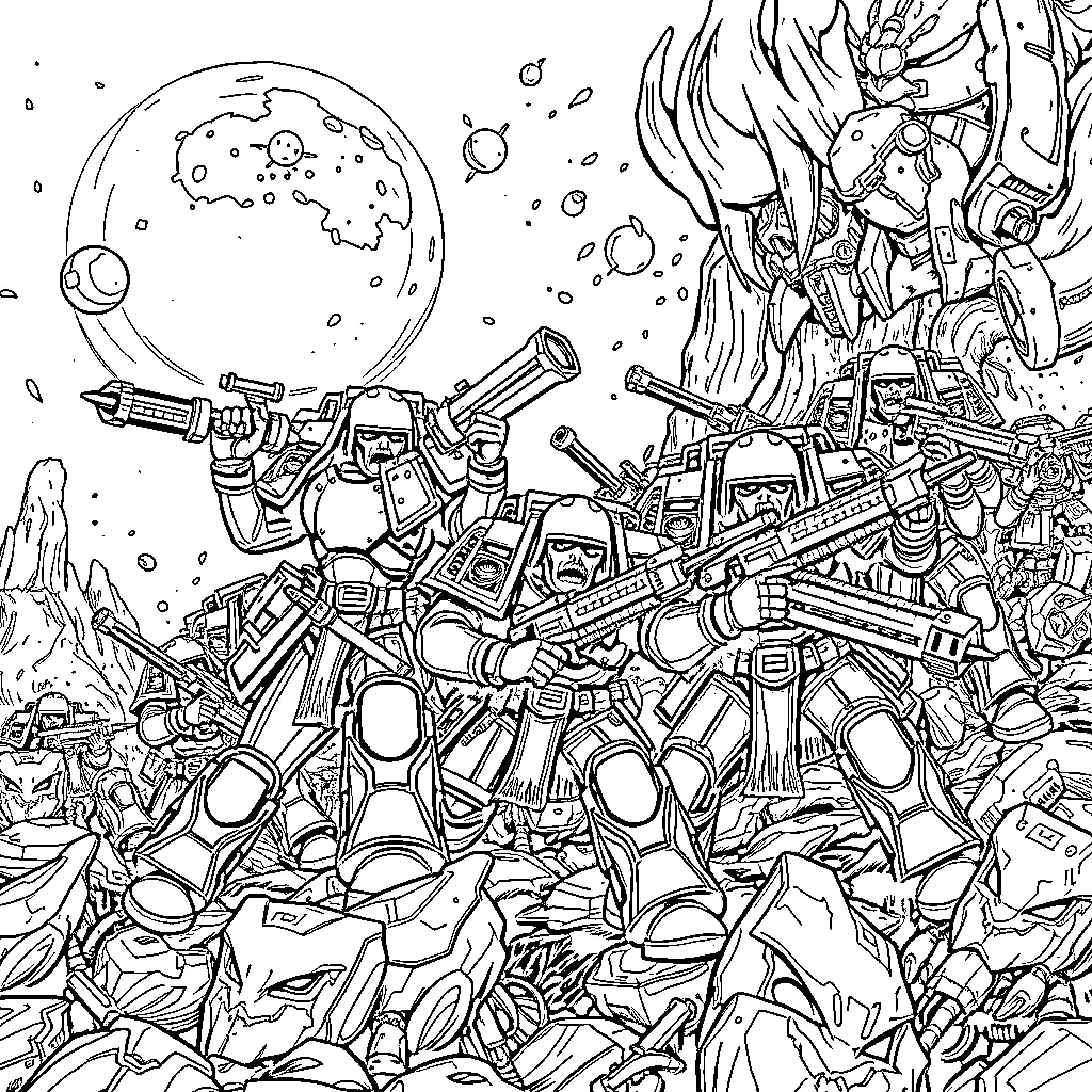 Warhammer Cosmic Battle of Futuristic Warrior Legions Coloring Page (free black-and-white line drawing printable PDF for all, from beginners to advanced learners, including children, teens, adults, and seniors)