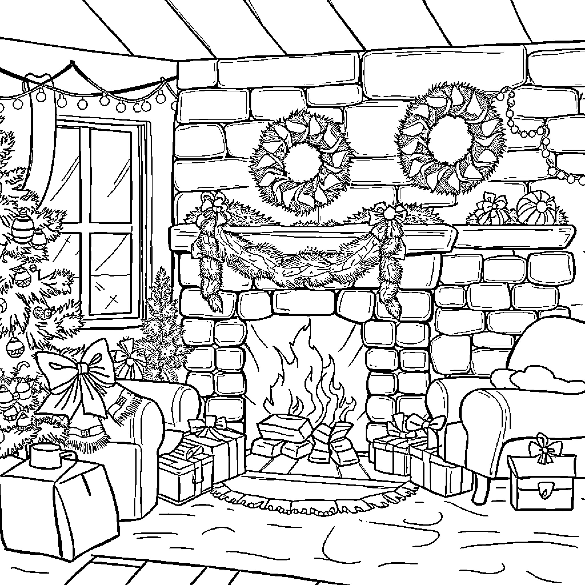 Christmas scene with cozy fireplace and decorations Coloring Page (free black-and-white line drawing printable PDF for all, from beginners to advanced learners, including children, teens, adults, and seniors)