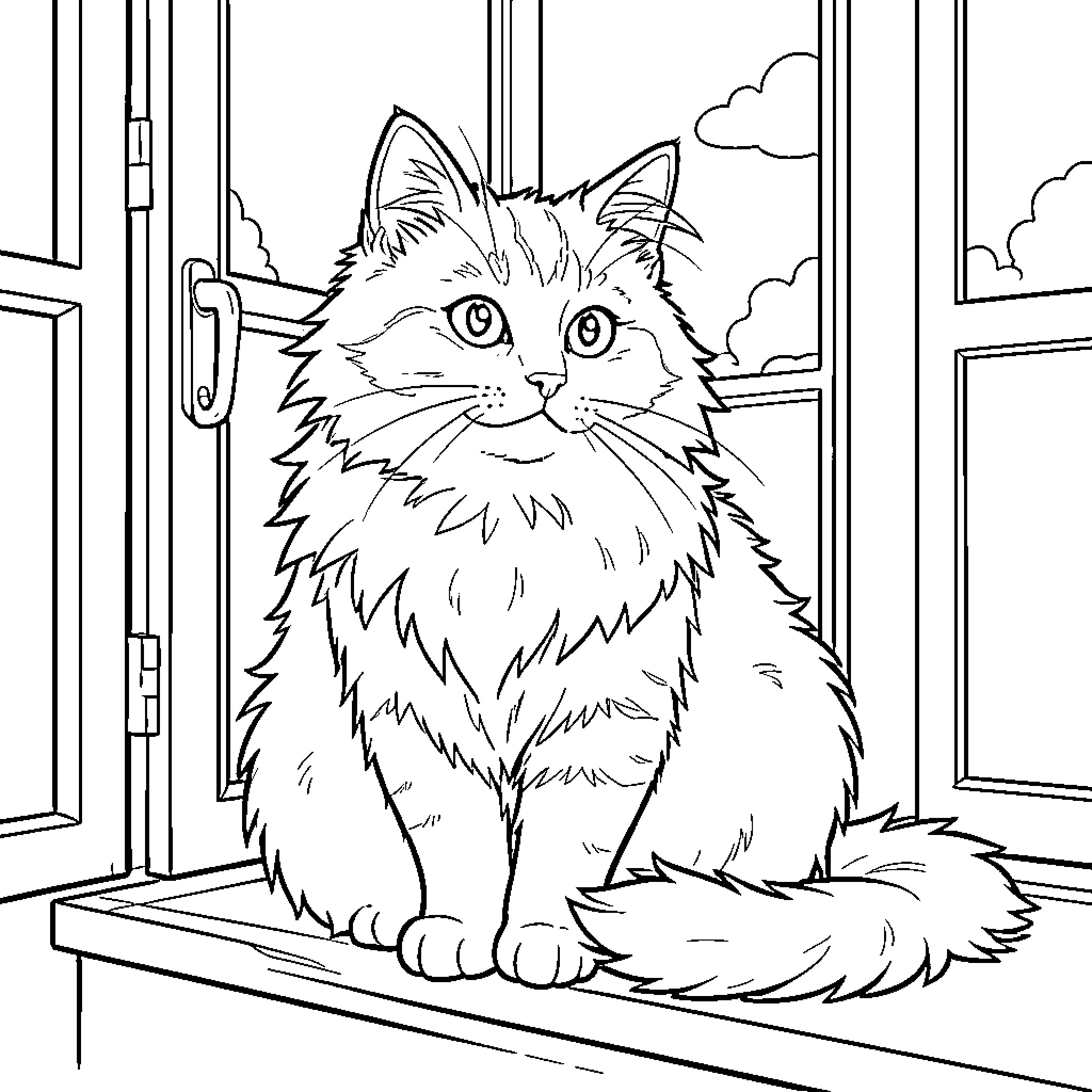 Cat gazing out the window Coloring Page (free black-and-white line drawing printable PDF for all, from beginners to advanced learners, including children, teens, adults, and seniors)