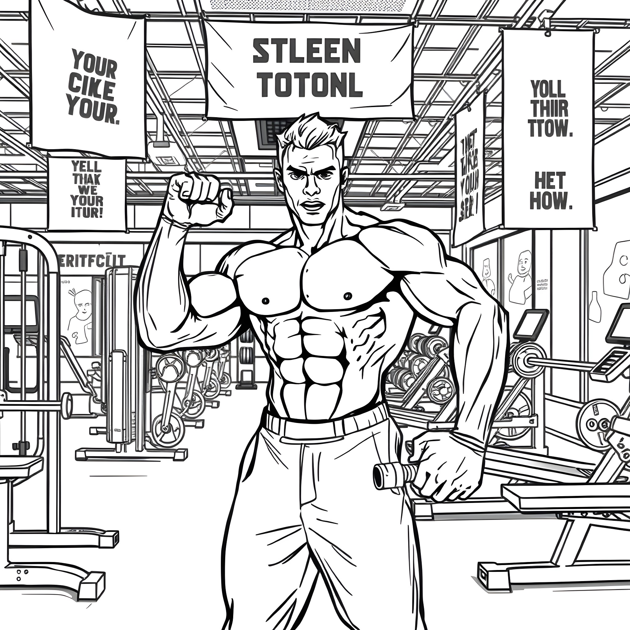 Guy showing off muscular physique in gym setting Coloring Page (free black-and-white line drawing printable PDF for all, from beginners to advanced learners, including children, teens, adults, and seniors)