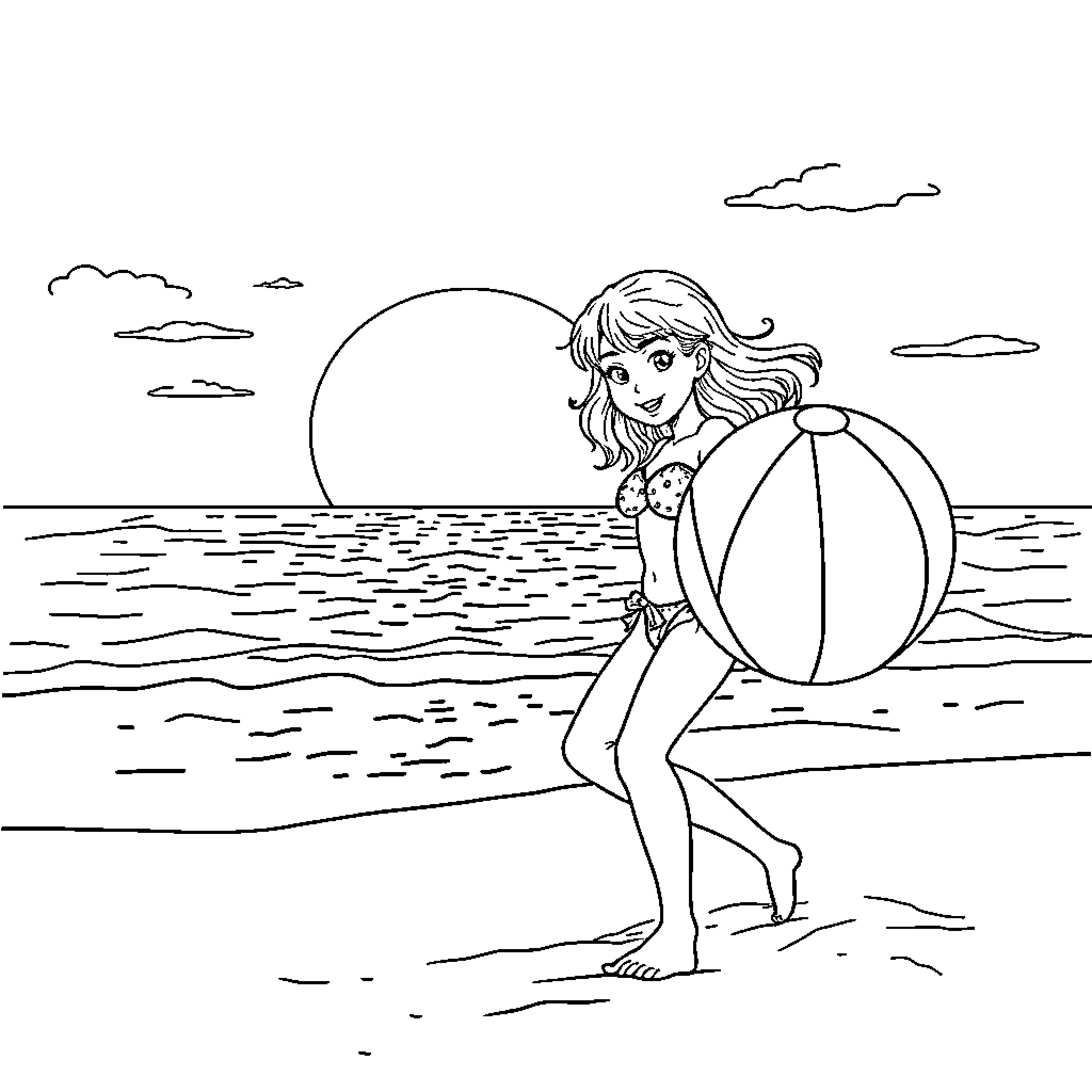 Bikini-clad woman playing on the beach Coloring Page (free black-and-white line drawing printable PDF for all, from beginners to advanced learners, including children, teens, adults, and seniors)