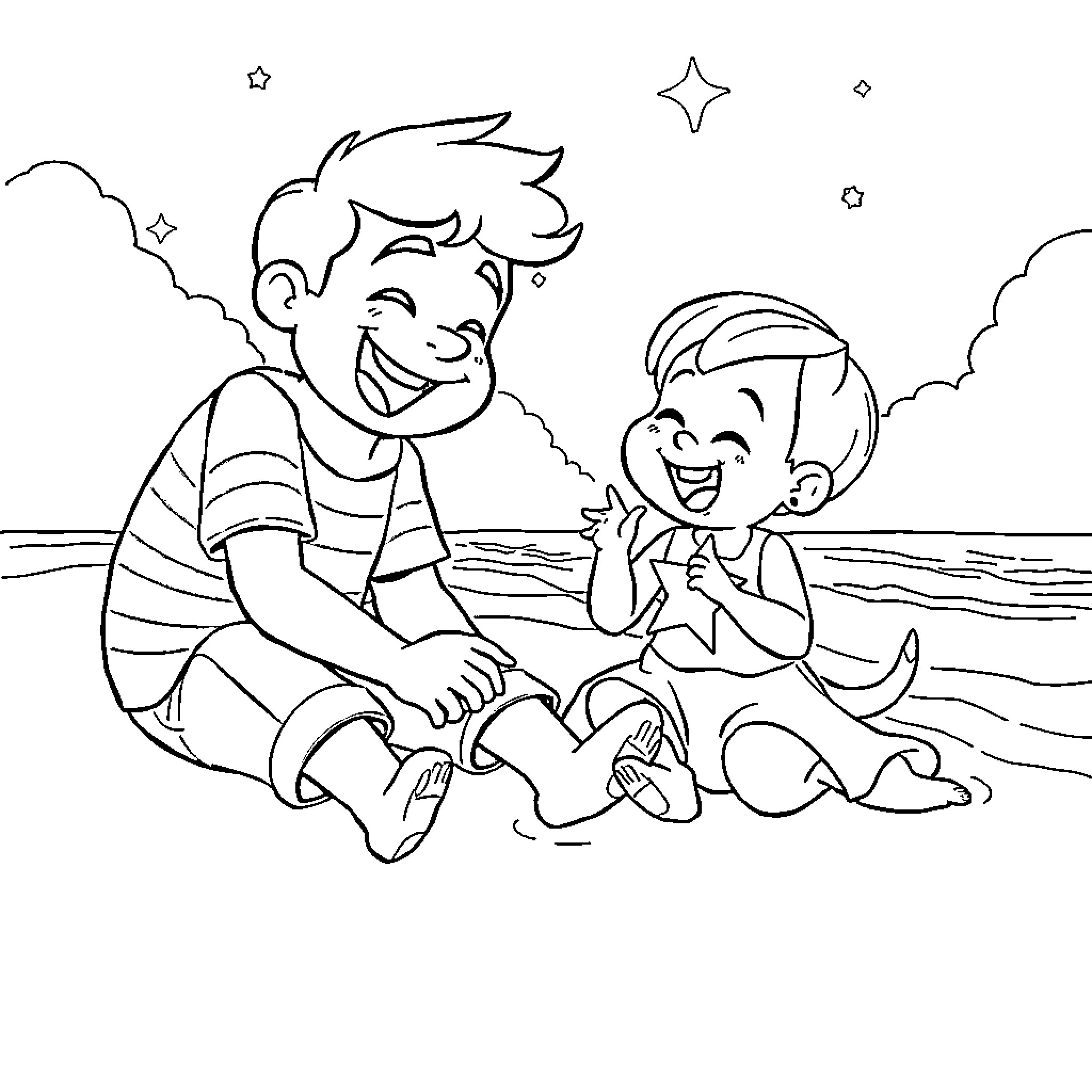 Hughie and his friend playing happily on the beach Coloring Page (free black-and-white line drawing printable PDF for all, from beginners to advanced learners, including children, teens, adults, and seniors)