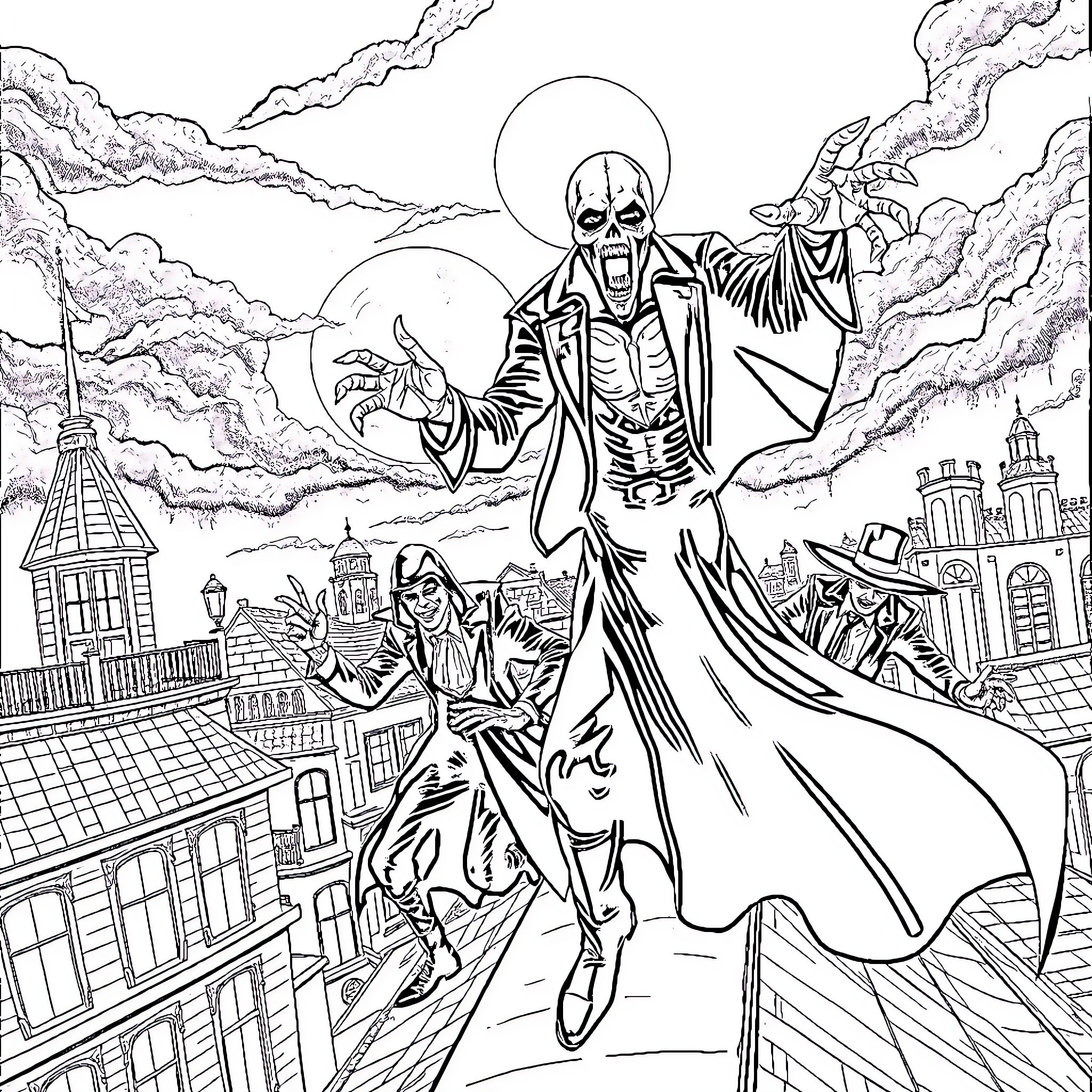 Vampire Hunter Stalking the City Streets Coloring Page (free black-and-white line drawing printable PDF for all, from beginners to advanced learners, including children, teens, adults, and seniors)
