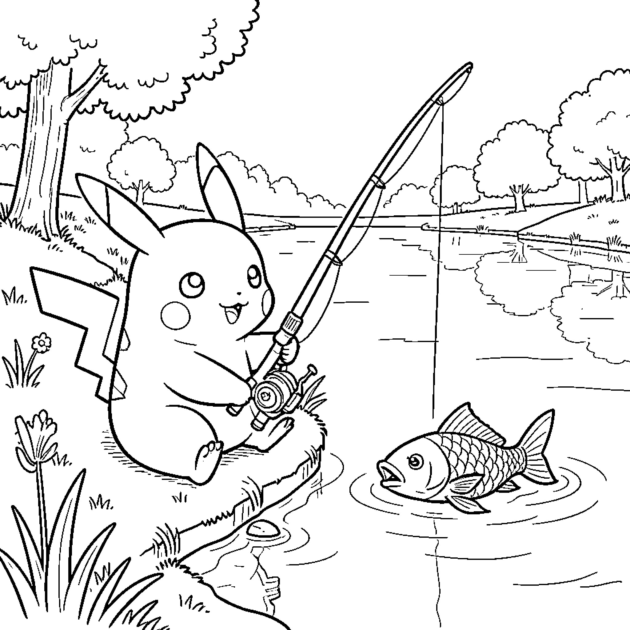 Pikachu sitting by a river fishing for a fish Coloring Page (free black-and-white line drawing printable PDF for all, from beginners to advanced learners, including children, teens, adults, and seniors)