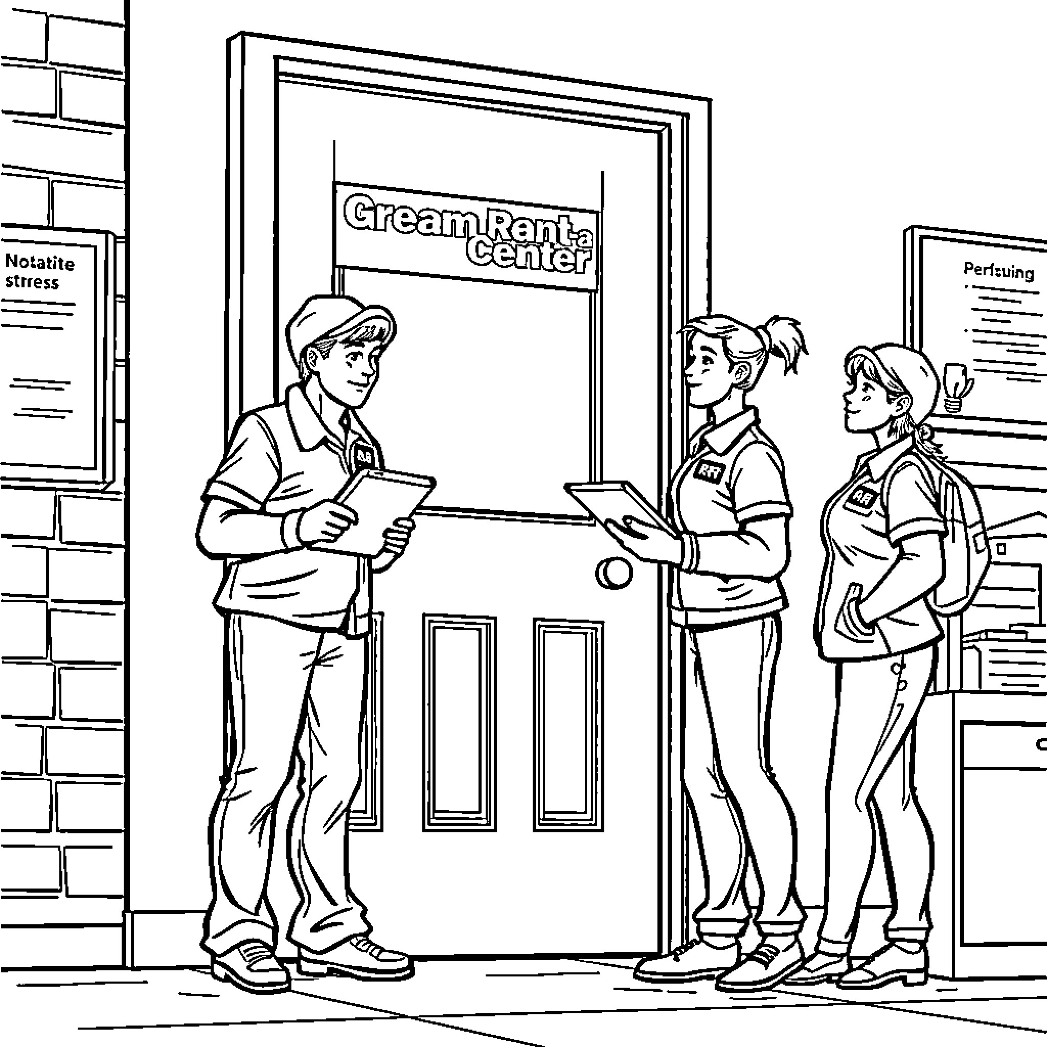 Employee assisting customers at Cream Rent Center Coloring Page (free black-and-white line drawing printable PDF for all, from beginners to advanced learners, including children, teens, adults, and seniors)